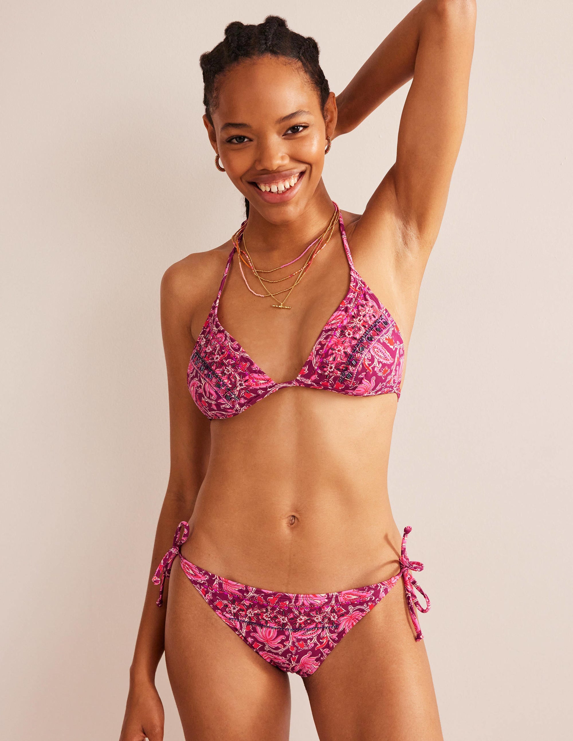 Raspberry Pink Beaded Bikini Top with Botanic Vine Design - Sexy Swimwear for Beach Vacation & Pool Party