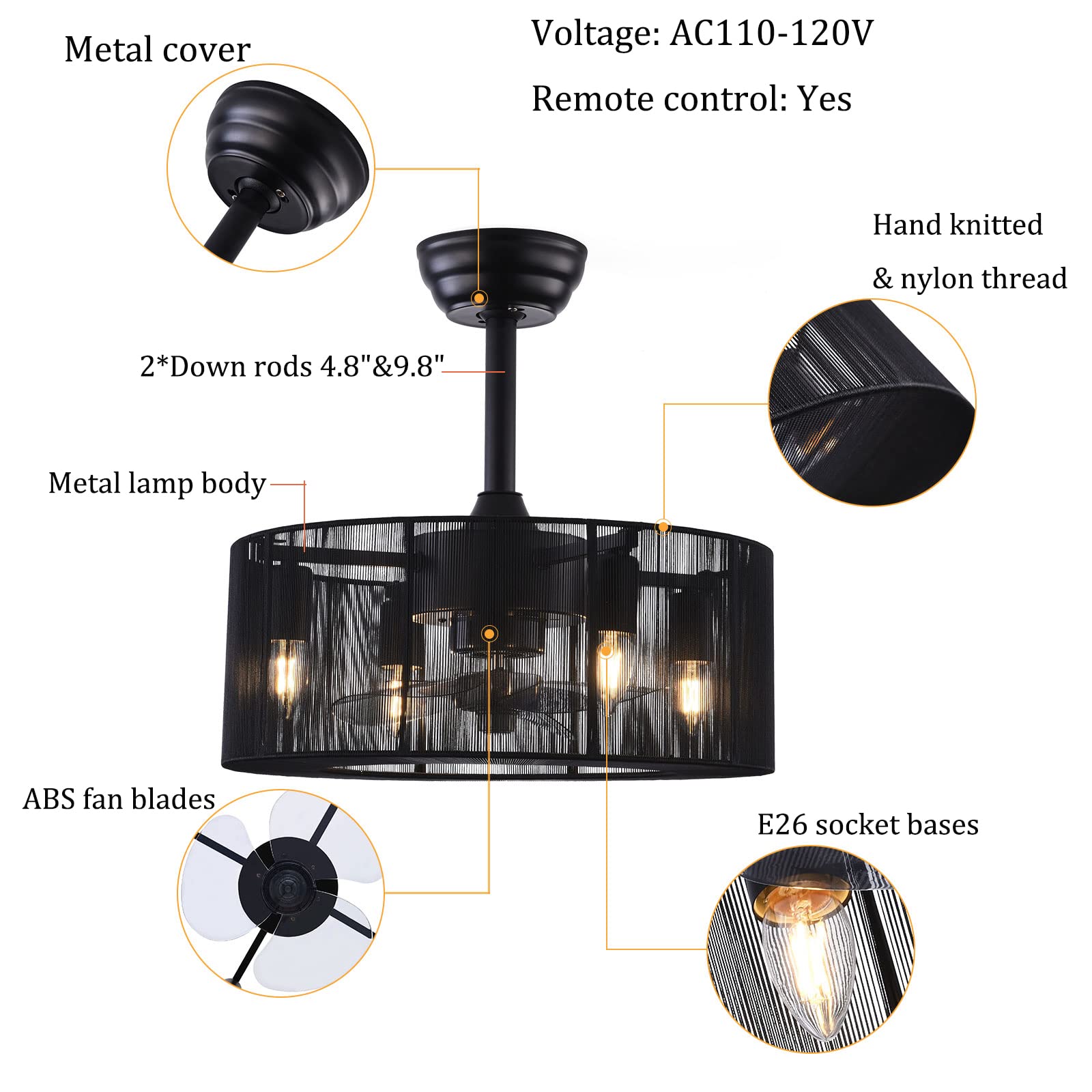 18'' Black Caged Ceiling Fan with Lights & Remote Control - 3 Speed Adjustable, 4-Light Farmhouse Style, Semi-Flush Mount for Low Ceilings - Perfect for Indoor Living Room, Bedroom, Kitchen & Patio Use