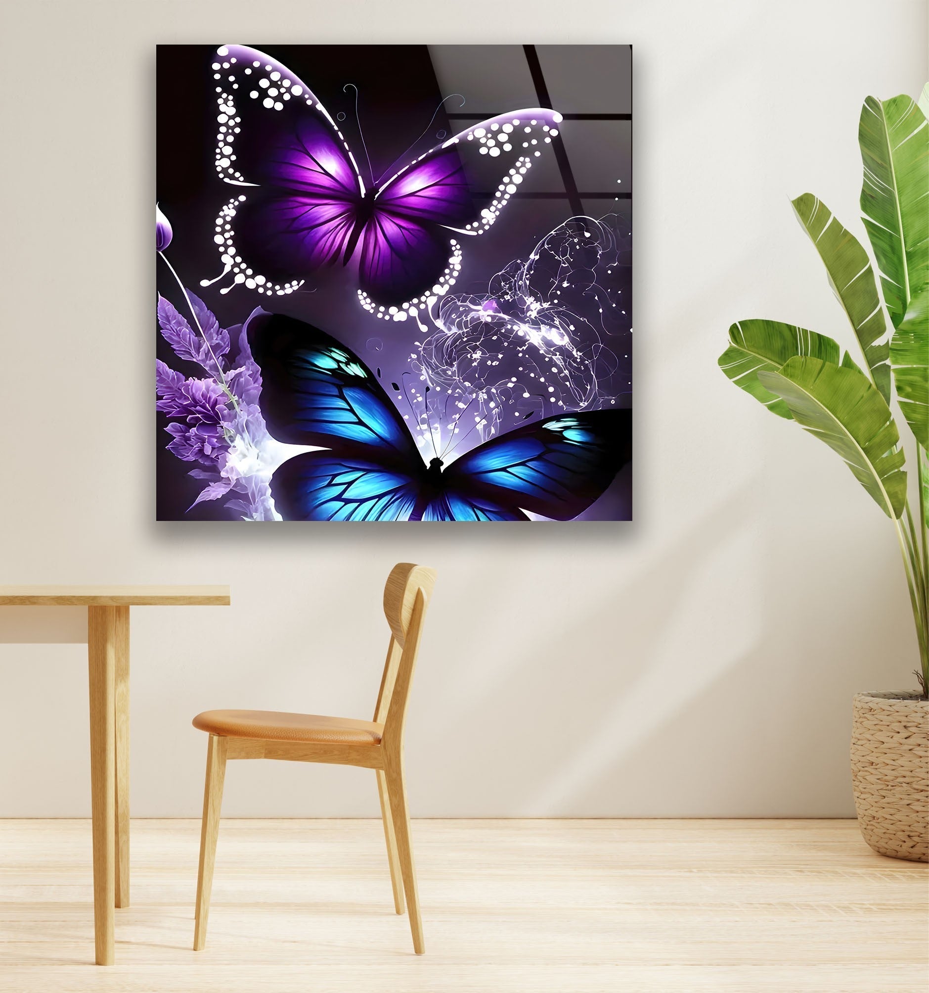 Blue & Purple Butterfly Glass Wall Art - Handmade Stained Glass Decor for Home, Office & Gifts - Perfect for Living Room, Bedroom & Wedding Decorations