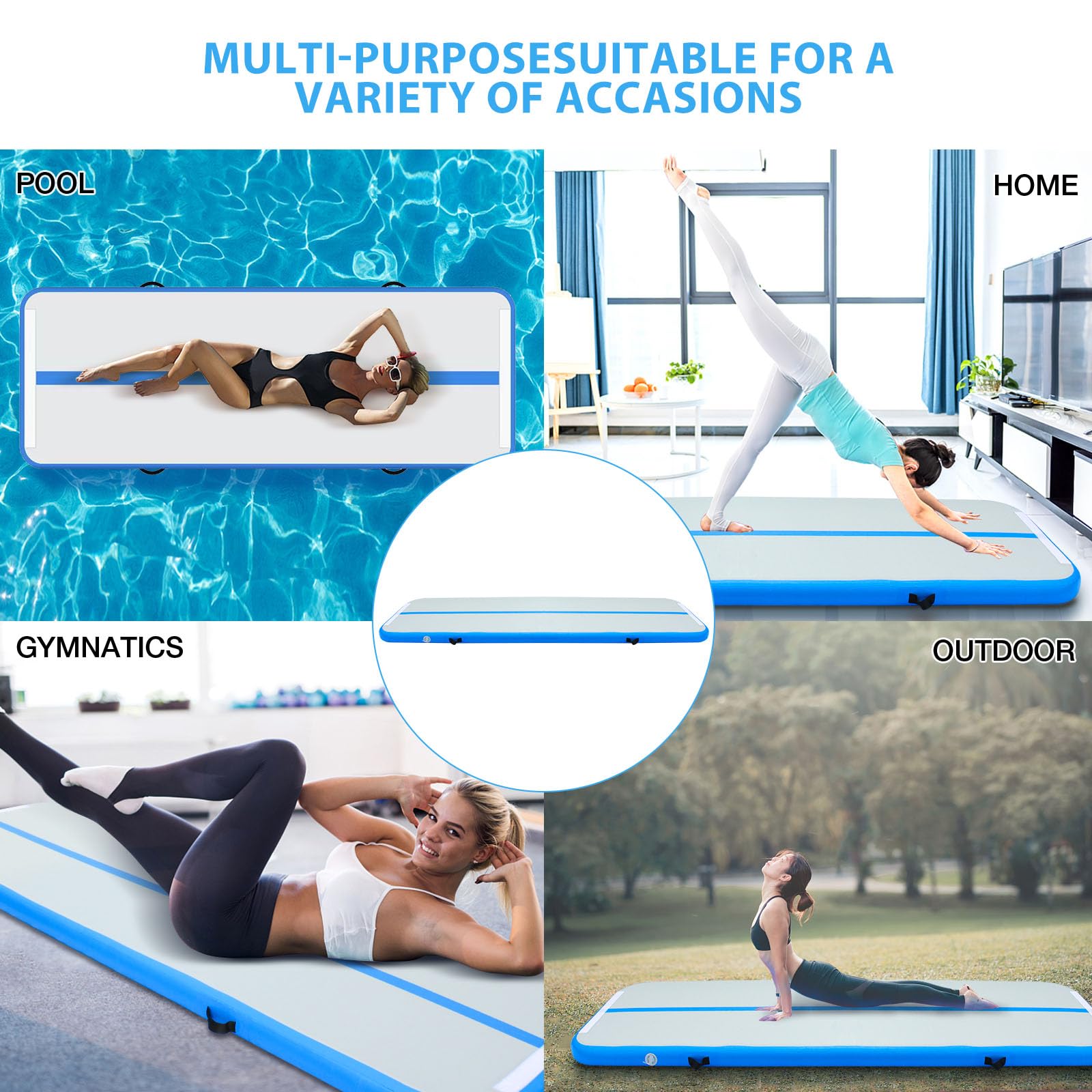 Inflatable Gymnastics Mat - 10ft Tumbling Track with Air Pump, Thick Air Floor Training Mat for Kids, Home Gym, Cheerleading & Yoga | Portable for Indoor/Outdoor Use