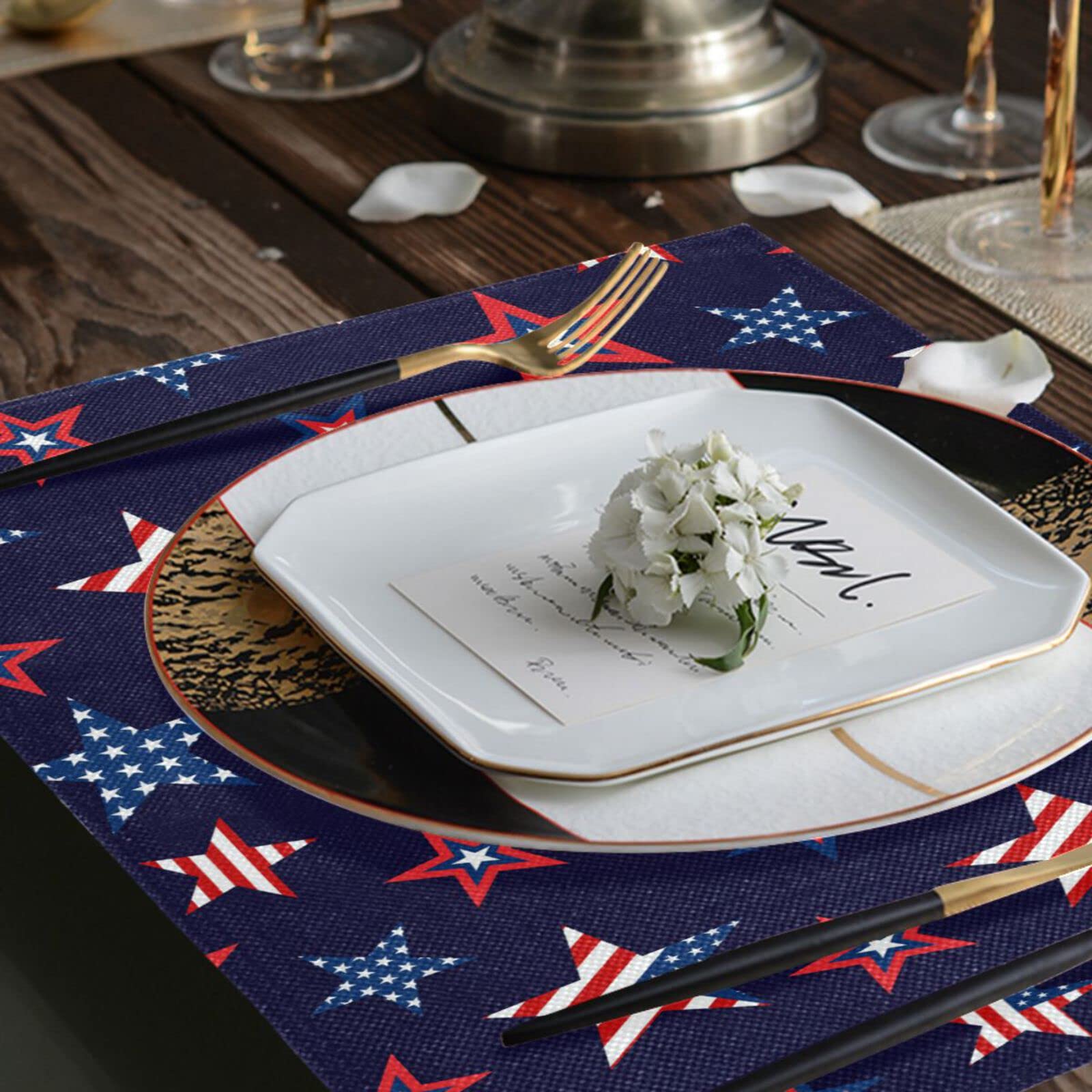 USA Flag Placemats Set of 4 - Patriotic American Stars Table Mats 12x18 Inch, Washable & Heat Resistant for Kitchen & Dining Table Decor | Perfect for 4th of July, Memorial Day & Everyday American Pride