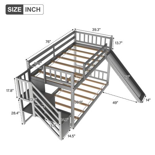 Twin Over Twin Floor Bunk Bed with Convertible Slide & Stairway - Solid Wood Low Bunk Bed with Storage Shelves & Handrail (Gray) - Perfect for Kids' Bedroom, Guest Room & Space-Saving Small Rooms