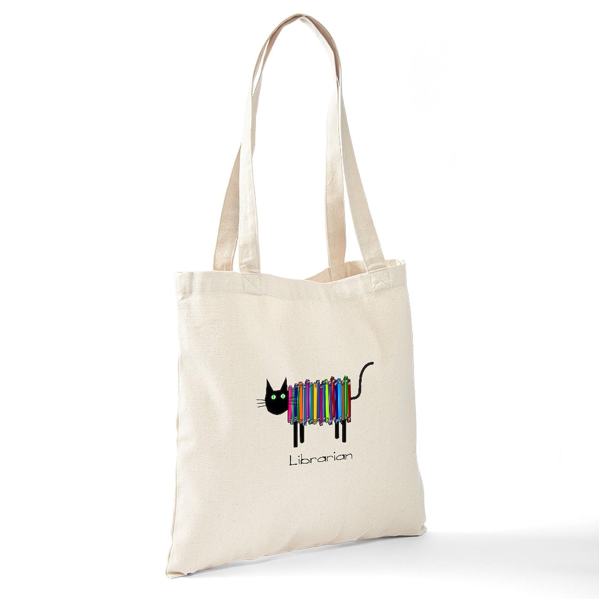 Librarian Book Cat Tote Bag - Natural Canvas Reusable Shopping Bag for Book Lovers, Library Visits & Grocery Trips