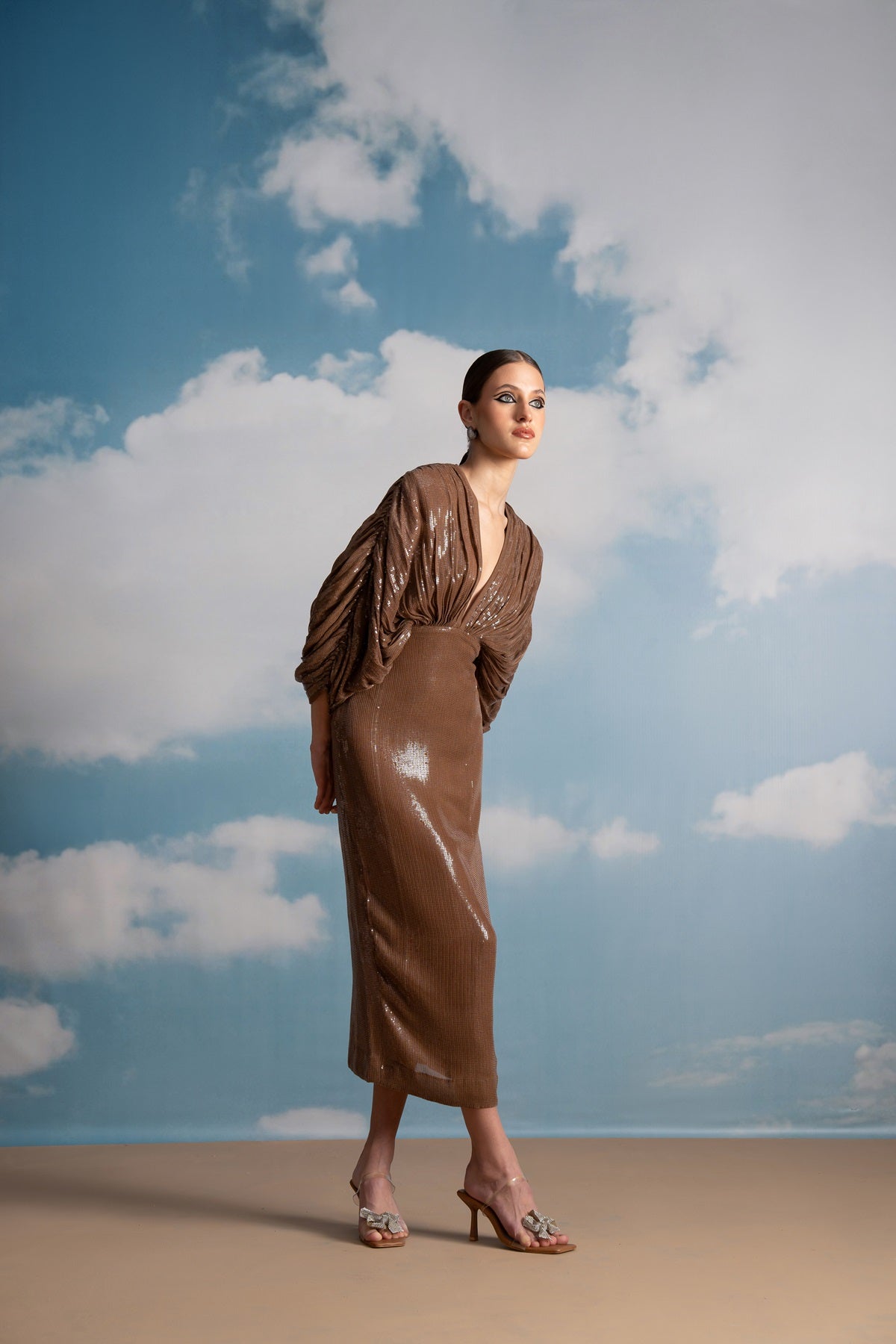 Luxury Beige Sequin Kimono Dress for Women - Elegant Evening Gown for Parties, Weddings & Special Occasions