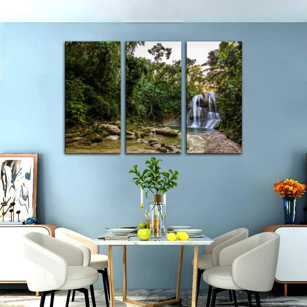 Stunning Gozalandia Waterfall in San Sebastian Puerto Rico Canvas Wall Art - 3 Panel Natural Landscape Paintings for Living Room & Bedroom Decor - Tropical Waterfall Poster for Home, Office & Vacation House Wall Decoration