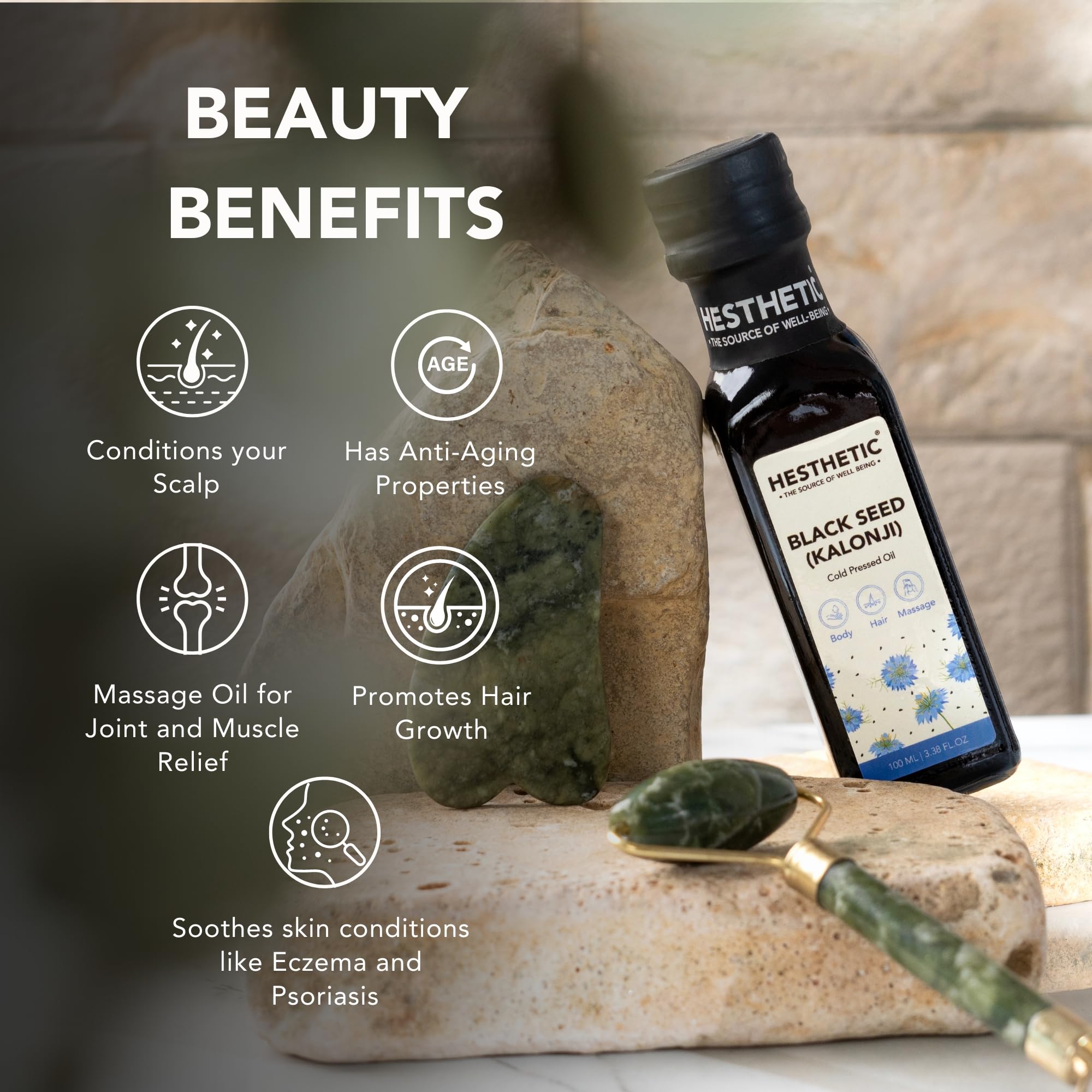 HESTHETIC Cold Pressed Black Seed Oil (Kalonji) 100ml - 100% Pure Natural Virgin Oil for Skin, Hair & Massage | High Thymoquinone Content | Skin Firming & Anti-Aging Treatment | Glass Bottle | Perfect for Daily Skincare, Hair Growth & Relaxing Massage Therapy