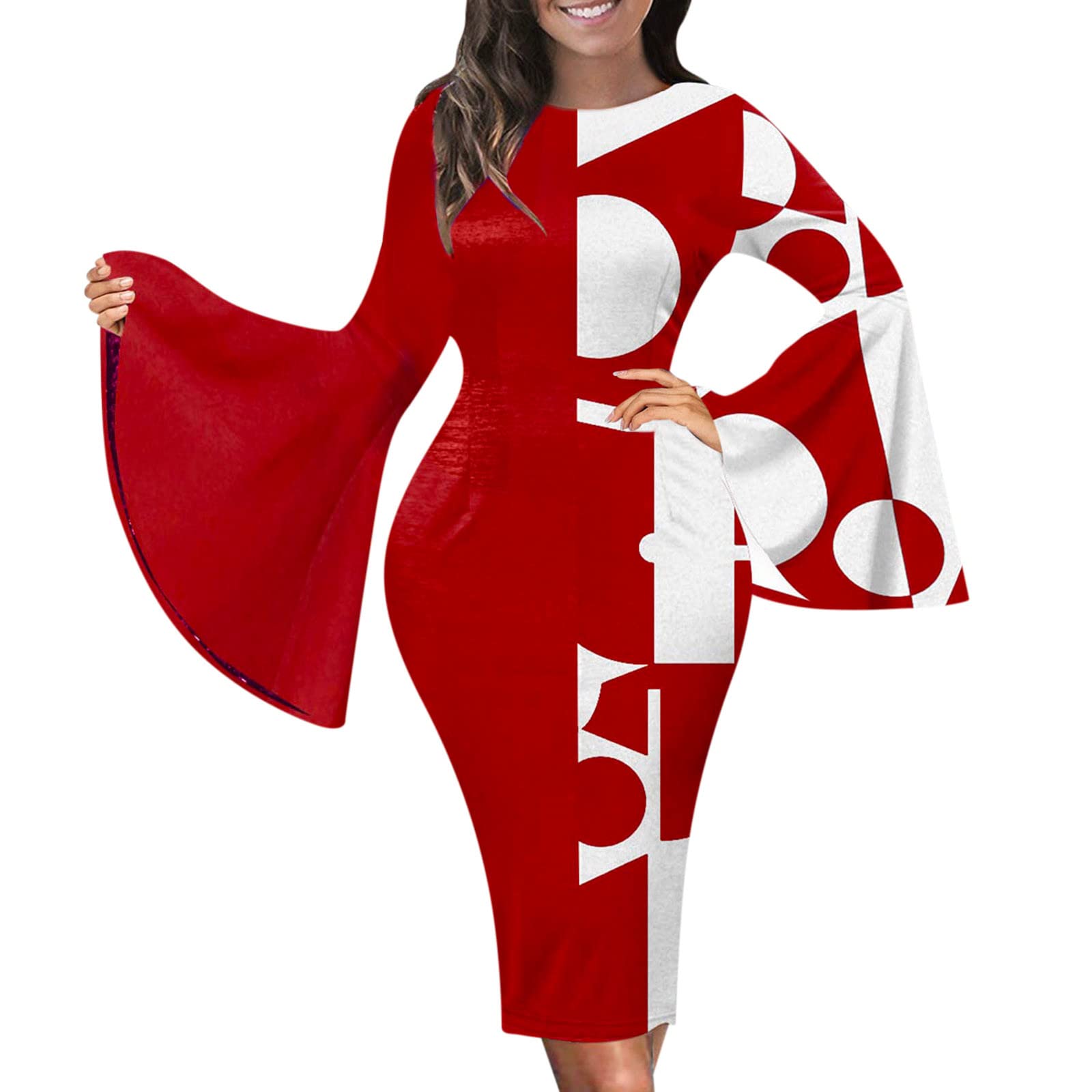 Print Sheath Pencil Dress - Bell Sleeve Party & Business Cocktail Dress for Women | Office Work, Casual Wear & Special Occasions