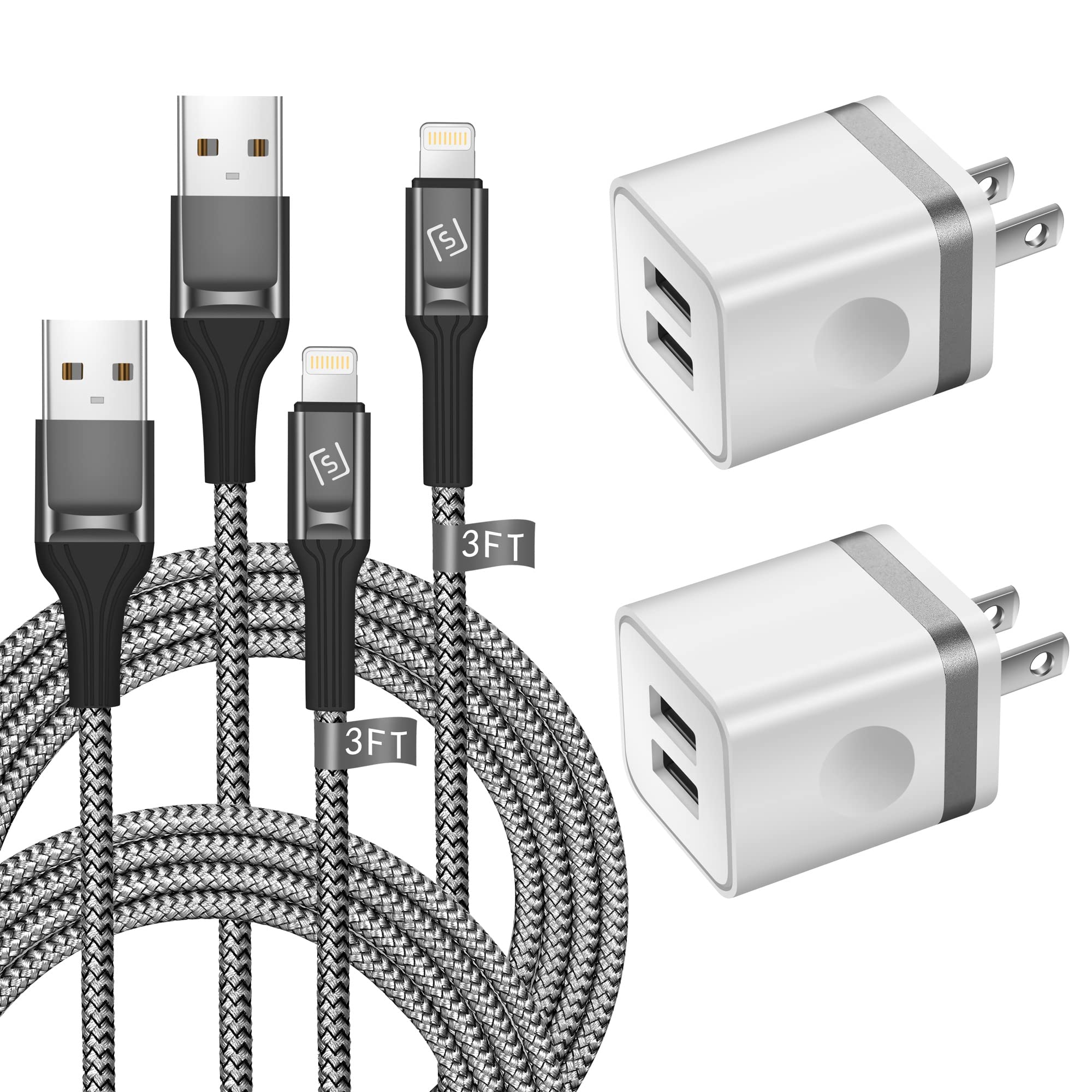 Apple MFi Certified iPhone Charger 2-Pack - Fast Charging Cable with 2.1A Dual Port USB Wall Charger for iPhone 14/13/12/11 Pro Max/XS/XR/X/8/7/6 Plus/SE & iPad - Perfect for Home, Office & Travel Charging