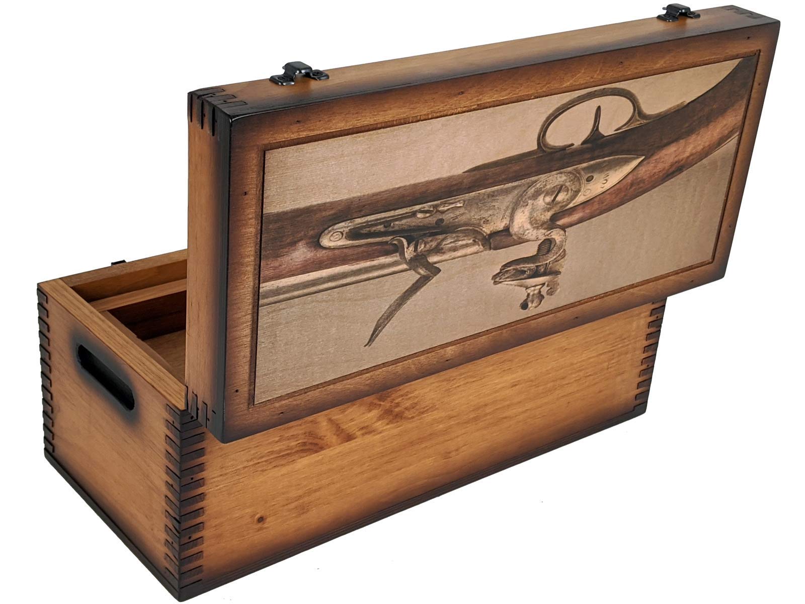 Antique Flintlock Pistol Display Case - Wooden Storage Box for Collectible Guns - Perfect for Home Decor, Man Cave, or Historical Reenactments