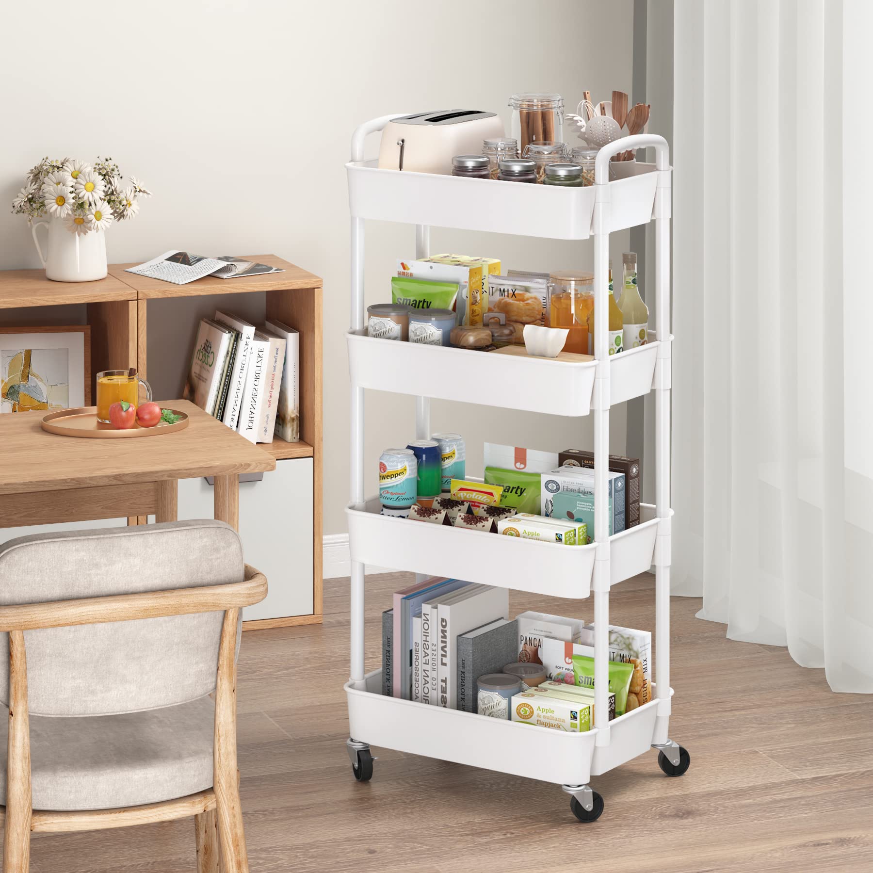 Sywhitta 4-Tier Rolling Storage Cart - White Mobile Kitchen Organizer with Wheels for Bedroom, Bathroom & Office | Perfect for Small Space Organization & Home Storage Solutions