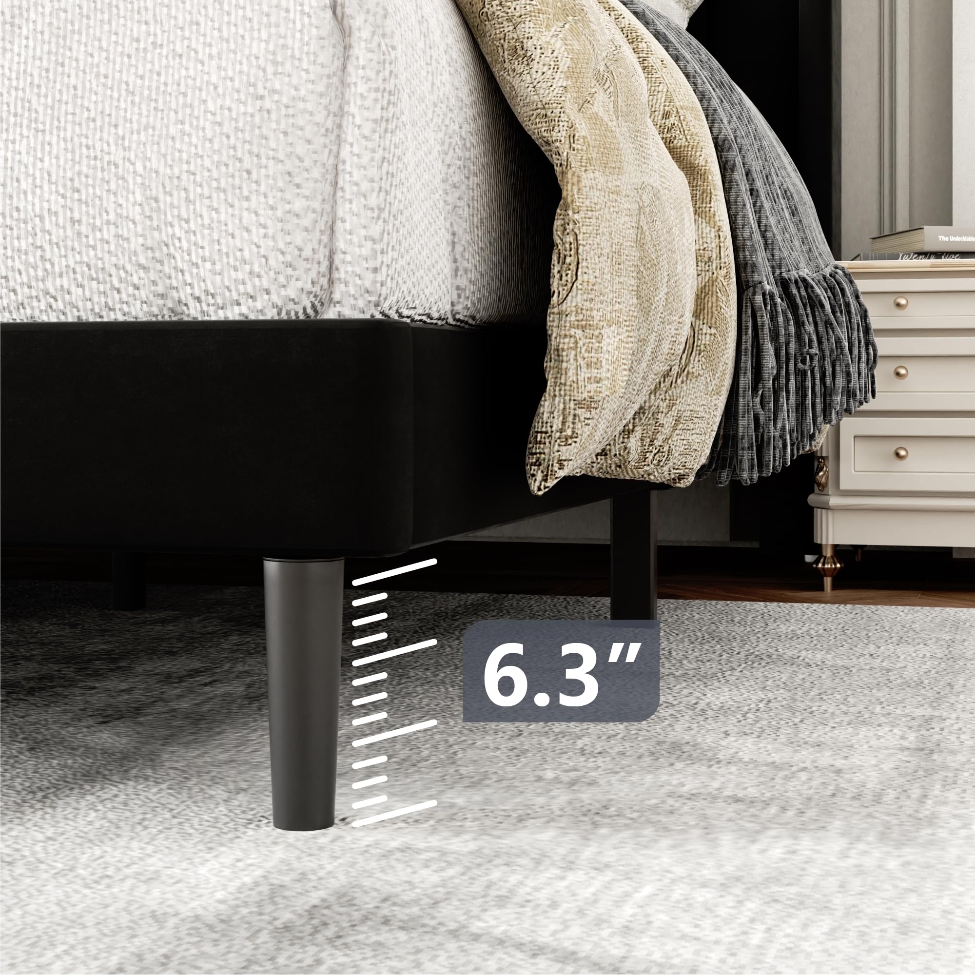 Queen Size Bed Frame with Upholstered Wingback Headboard - Easy Assembly Platform Bed with Wooden Slat Support (No Box Spring Needed) - Black Velvet Fabric - Perfect for Master Bedroom, Guest Room & Apartment