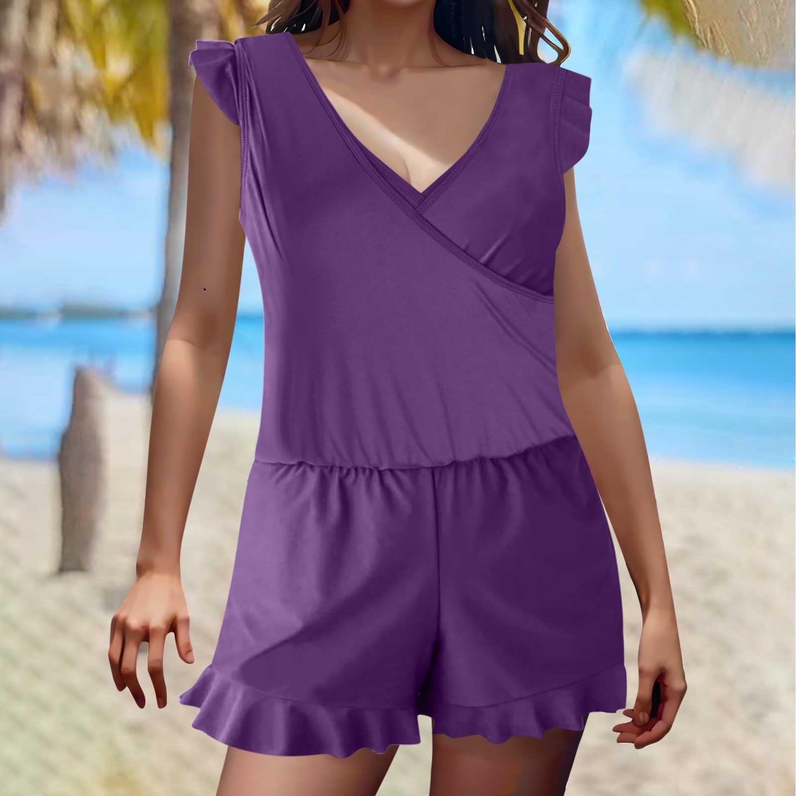 Women's Ruffle Sleeve Romper Swimsuits - One Piece Bathing Suit with Built-in Bra & Shorts | Beachwear, Pool Party, Summer Vacation Outfit