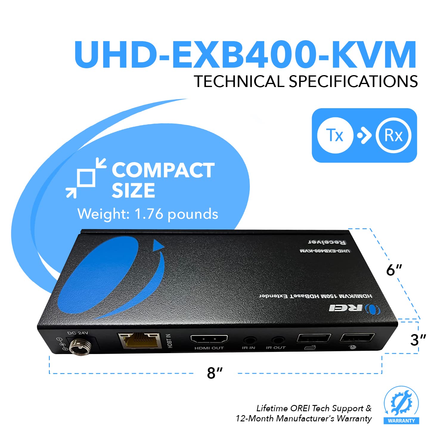OREI 4K@60Hz KVM HDMI Extender Over Ethernet with PoC | Single HDBaseT CAT5e/CAT6A/CAT7 Cable | Up to 400 Feet 4:4:4 | Remote, Keyboard, Mouse & USB Control | Perfect for Home Theater, Gaming & Office Setup