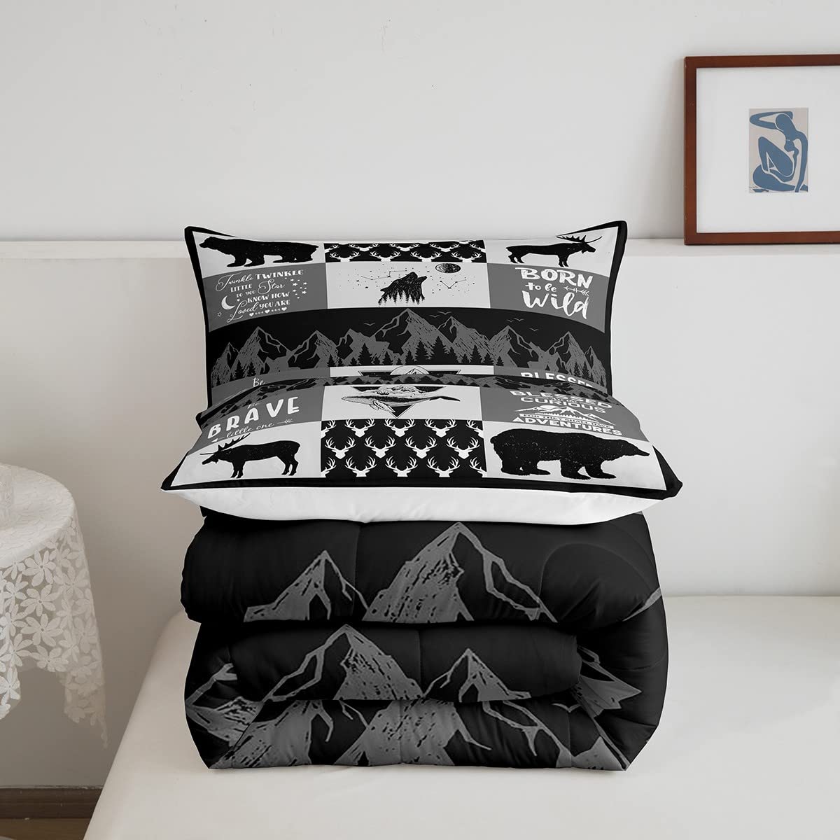 Deer Antlers Silhouette Comforter Set Twin - 2 Piece Camping Adventure Bedding for Kids, Teens & Adults - Wild Animal Rustic Quilt with Lattice Black Grey Duvet & Pillowcase - Perfect for Cabin, Lodge & Outdoor Themed Bedrooms