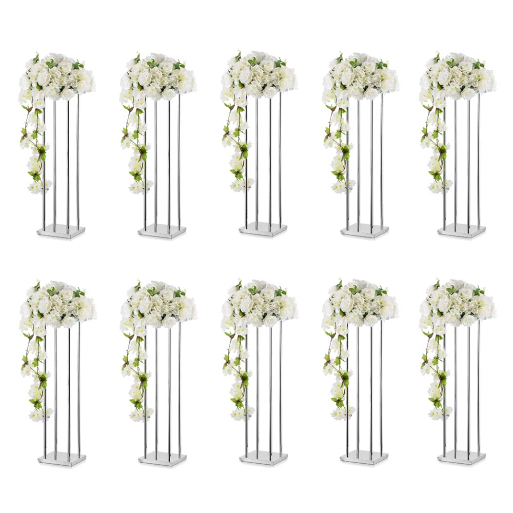 Elegant Silver Geometric Flower Vase Stand - 31.5 Inch Tall Metal Centerpiece Holder for Weddings, Parties & Home Decor (10 Pack) | Perfect for Table Decorations, Event Centerpieces & Floral Displays