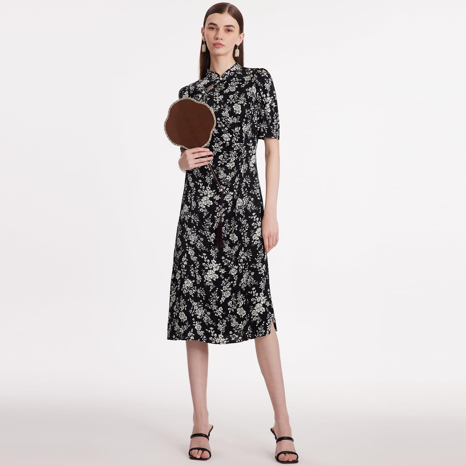 Elegant Women's Cheongsam Dress - Short Puff Sleeve Mini Qipao with Rose Print for Wedding Guest, Party & Summer Occasions | Traditional Chinese Style Floral Dress for Special Events