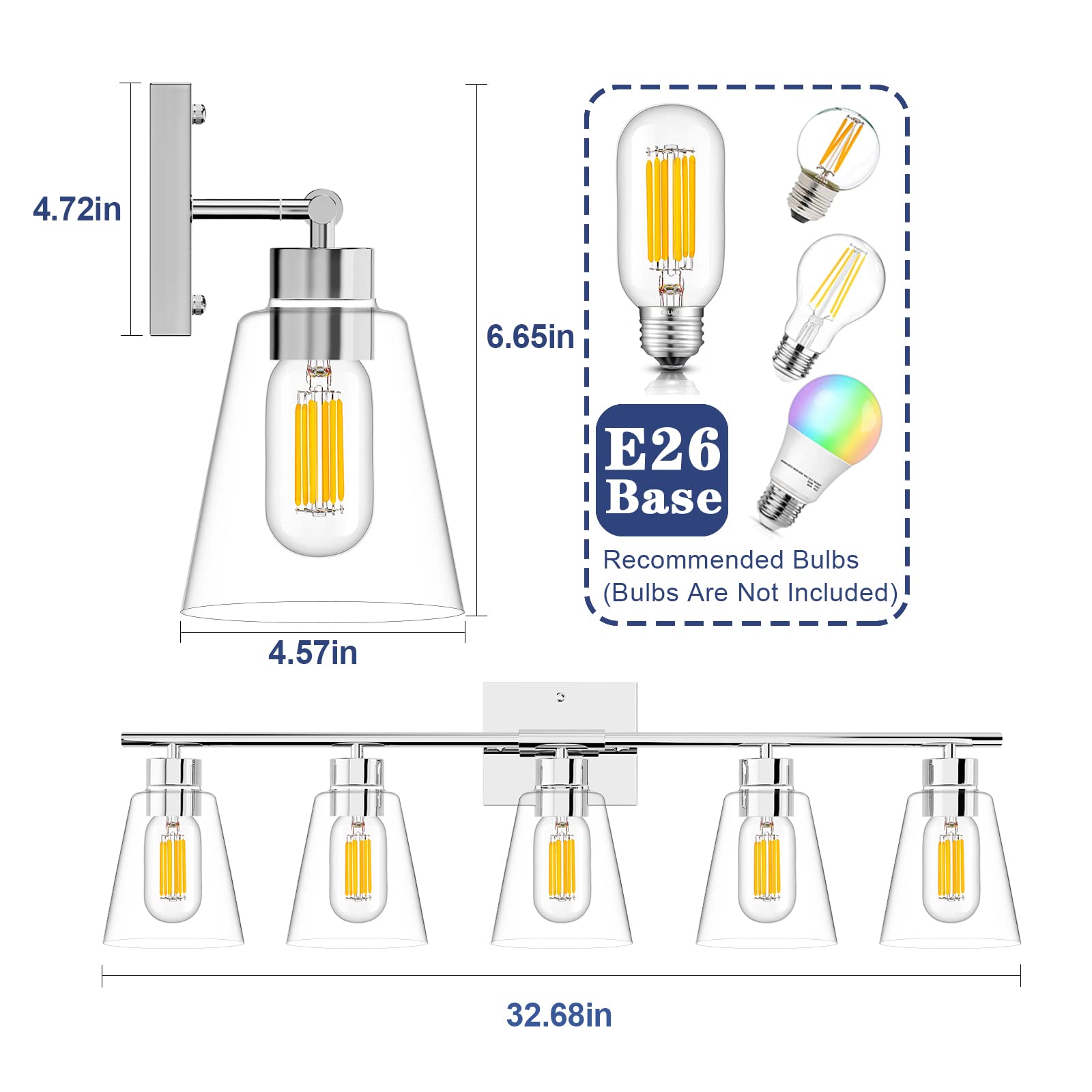 Cloud Fire 5-Light Bathroom Vanity Fixture - Chrome Finish with Clear Glass Shade, E26 Bulb Compatible - Perfect for Bathroom Mirror Lighting, Bedroom Wall Sconce & Farmhouse Hallway Decor