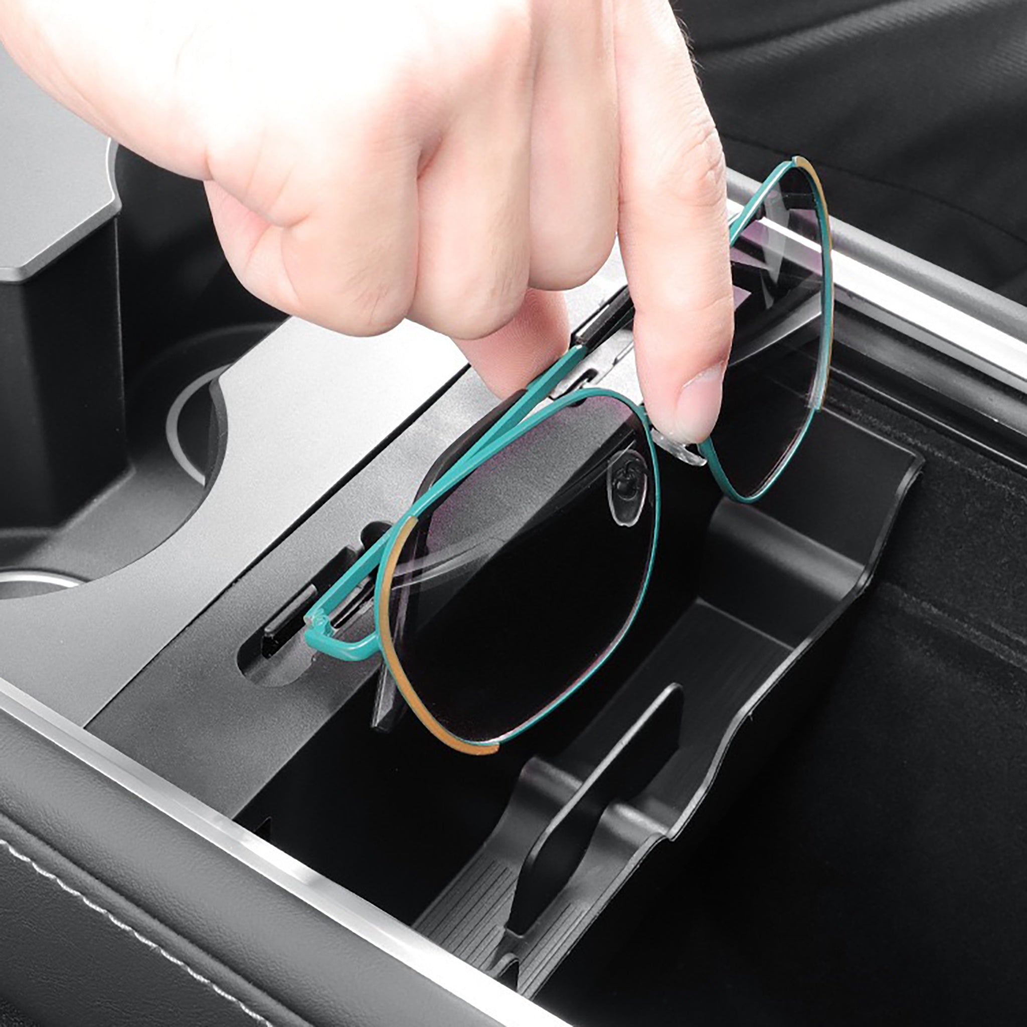 Tesla Model 3 & Y Center Console Sunglasses Holder and Cable Organizer - Car Accessories for Sunglass Storage and Phone Charging Cord Management
