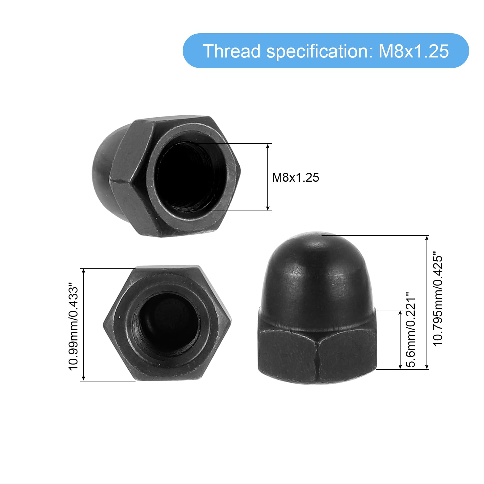50Pcs M8x1.25 Carbon Steel Acorn Cap Nuts - Black Zinc Plated Dome Head Bolt Covers for Automotive, Furniture & DIY Projects - Durable Hardware Fasteners