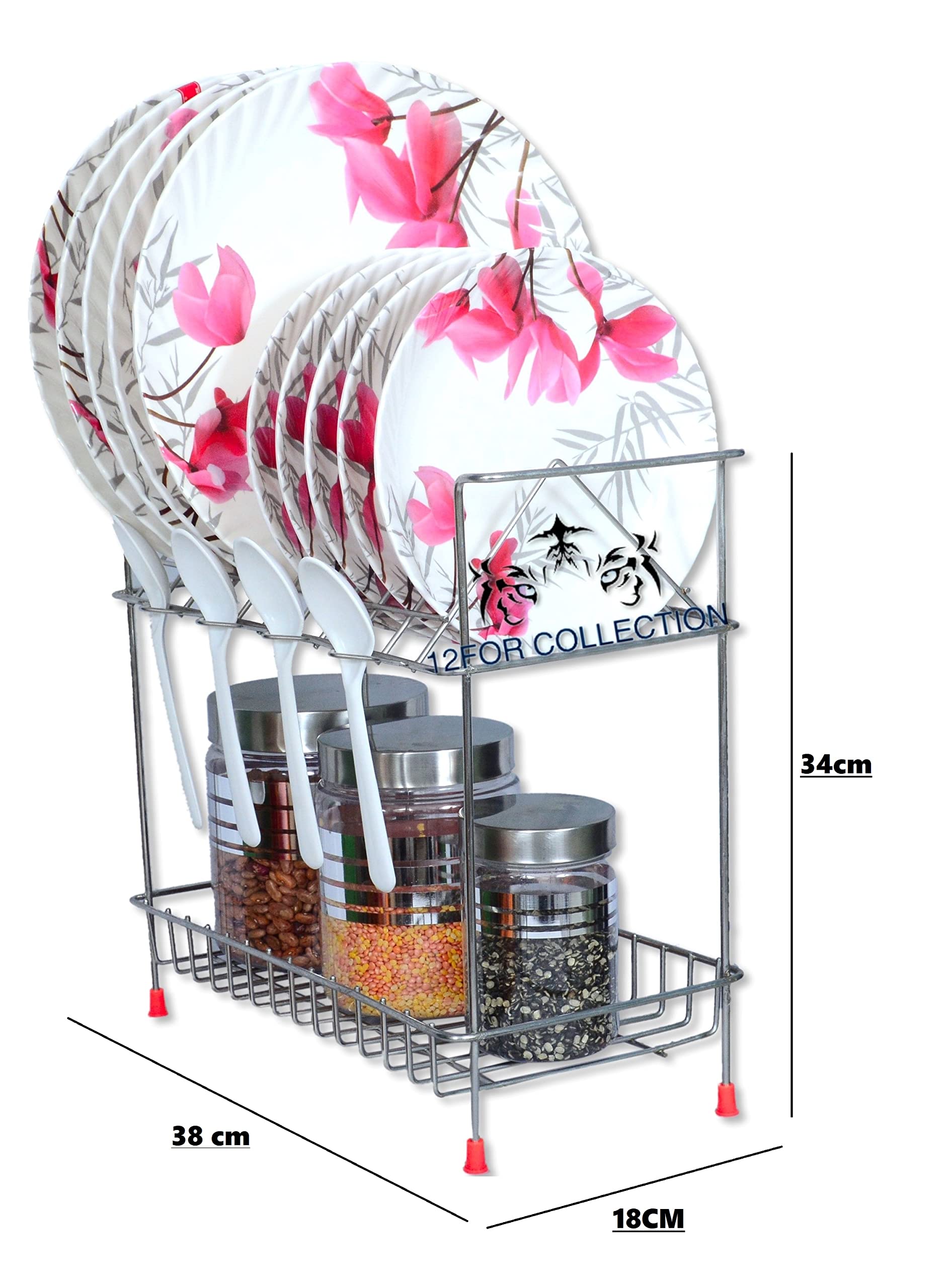 Stainless Steel 2-Tier Kitchen Dish Drainer & Organizer Rack - Plate, Utensil, Fruit & Vegetable Drying Storage Stand with Spice Boxes (38x18x34cm) - Perfect for Small Kitchens & Countertop Organization