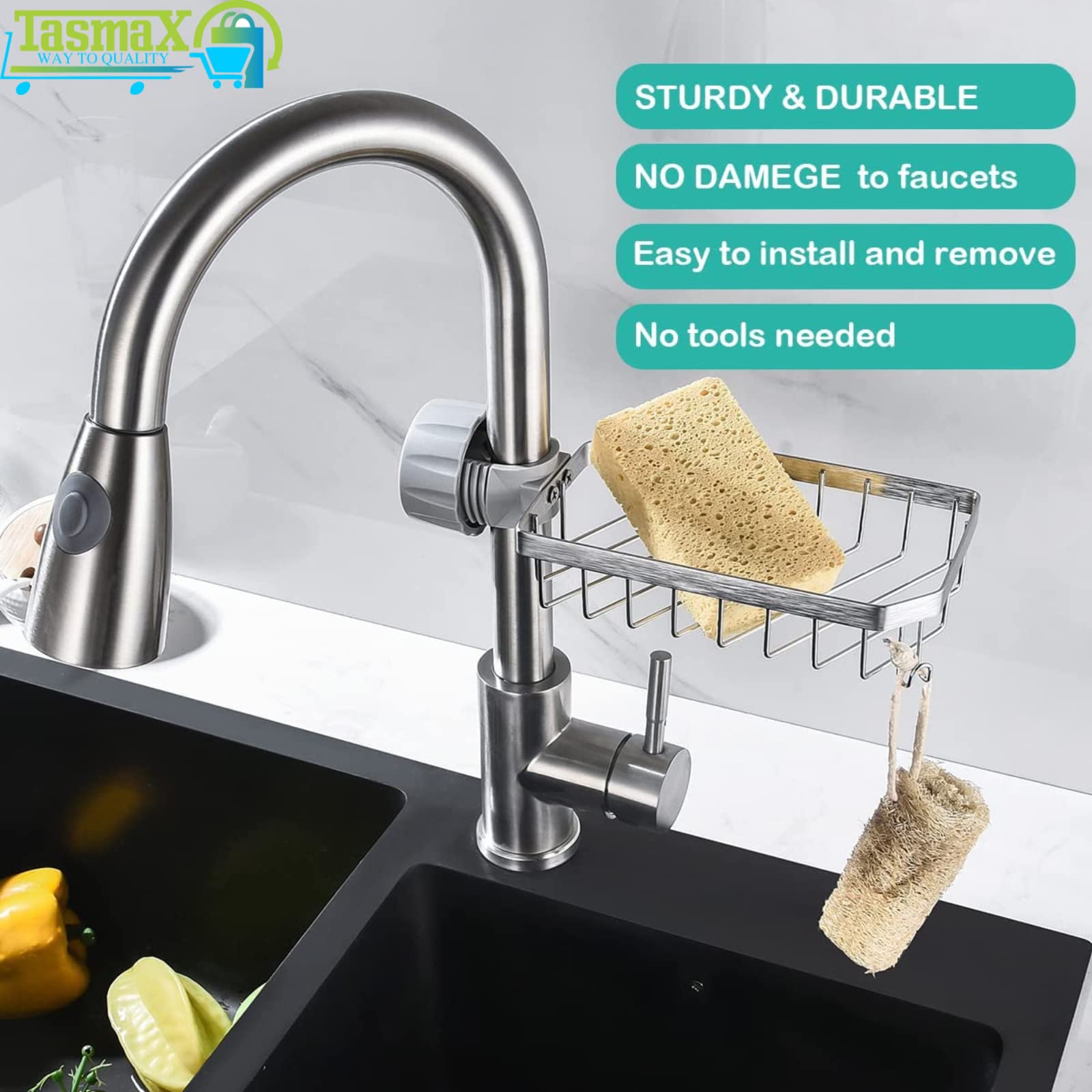 Stainless Steel Kitchen Sink Soap Holder & Sponge Rack - Rustproof Faucet Mount Organizer for Dish Soap, Sponges & Brushes | Perfect for Small Spaces, RV Sinks & Clutter-Free Kitchen Countertops