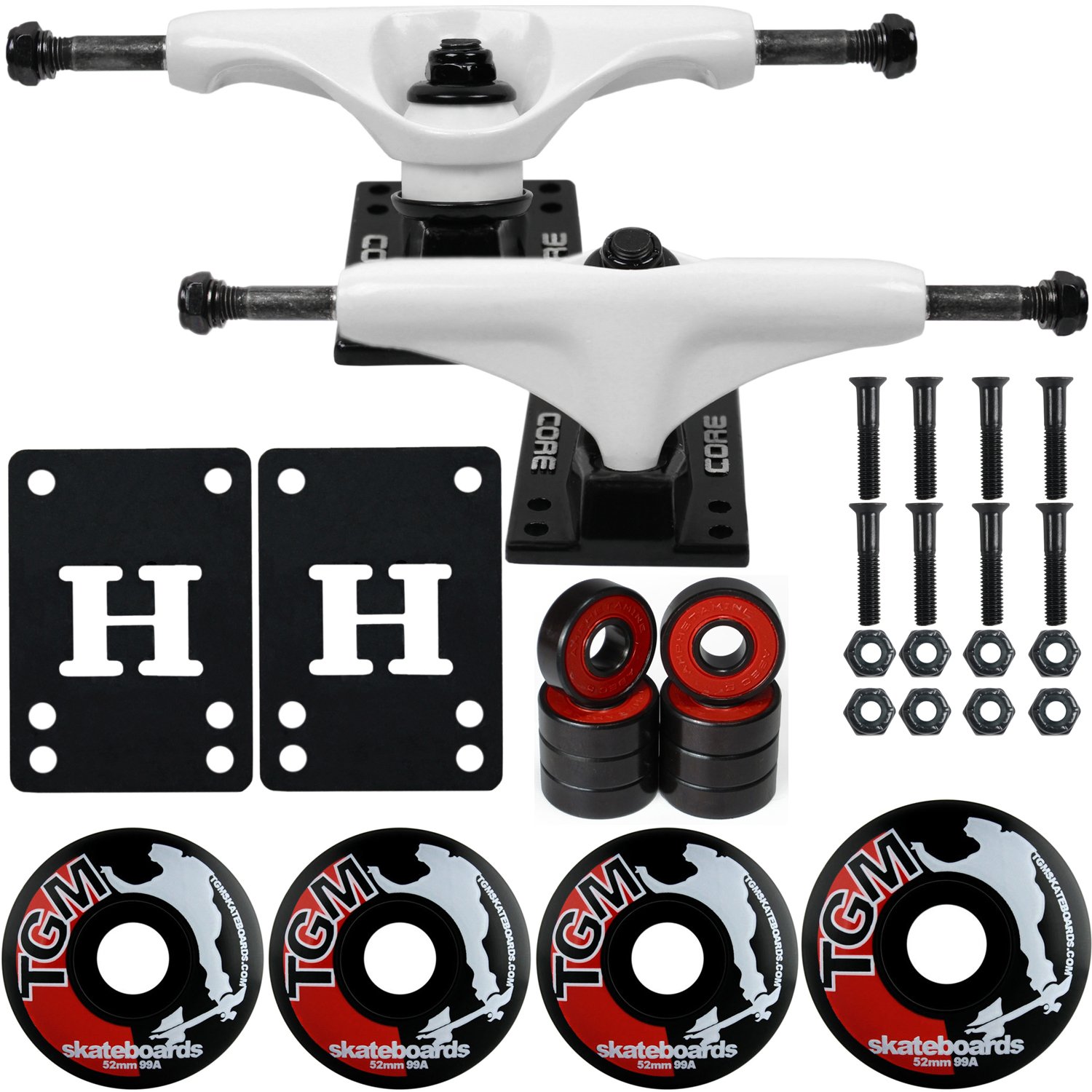Premium White Skateboard Trucks & Wheels with ABEC 5 Bearings - High-Performance Skateboard Parts for Street & Park Riding