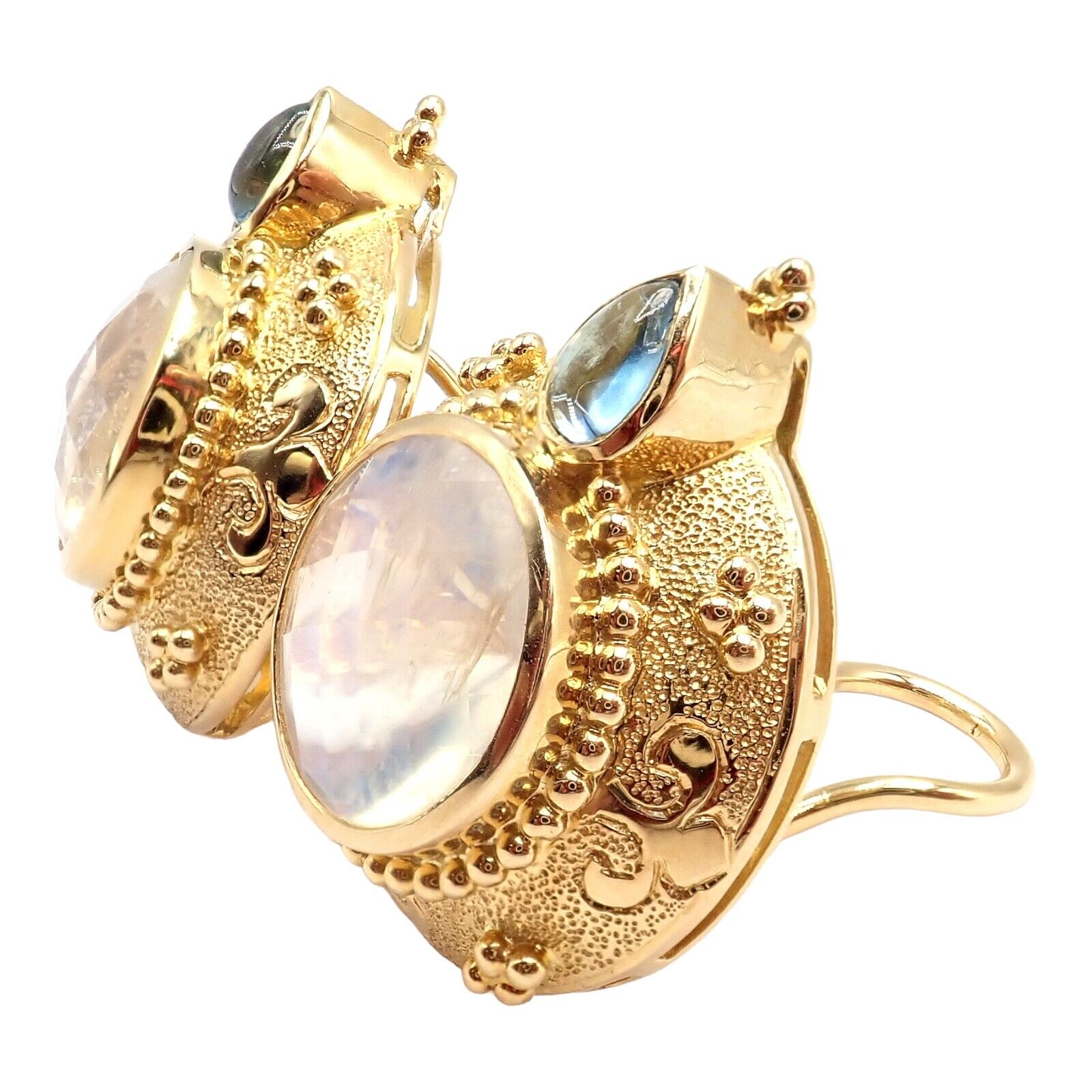 Exquisite Vintage Paula Crevoshay 18K Gold Aquamarine Moonstone Round Earrings - Unique Handcrafted Jewelry for Weddings & Special Occasions