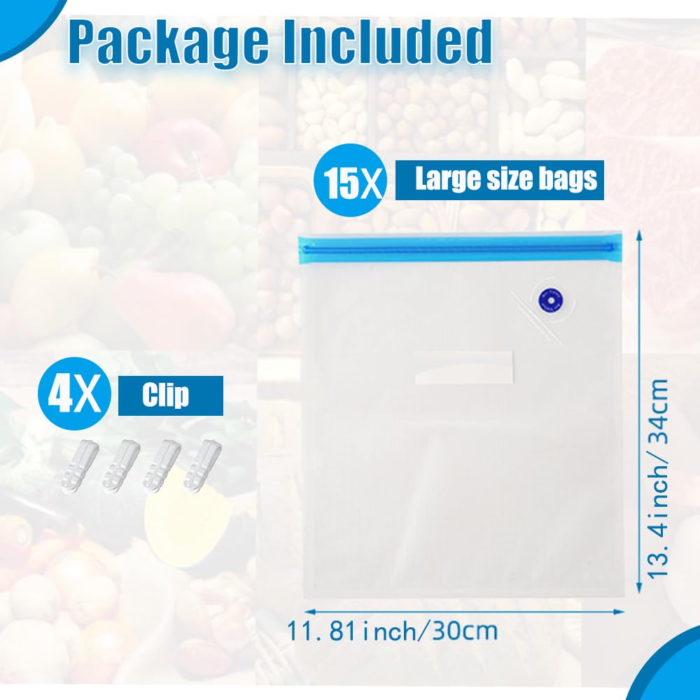 Premium Reusable Vacuum Sealer Bags - 15 Pack Large 11.8x13.4in (30x34cm) BPA Free Sous Vide Bags with 4 Sealing Clips | Ideal for Food Preservation, Meal Prep & 3D Printer Filament Storage | Perfect for Sous Vide Cooking, Freezing & Vacuum Sealing