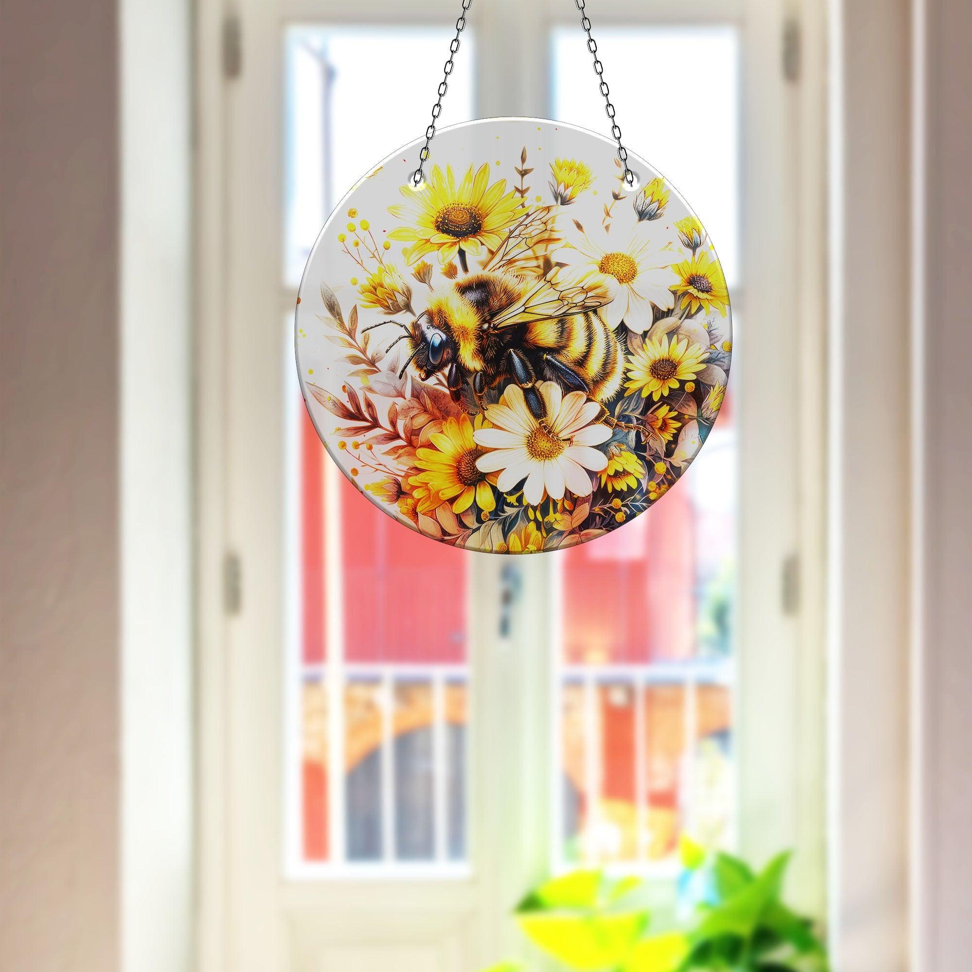 Bee & Daisies Stained Glass Suncatcher - Handmade Window Decor for Home, Office, Garden - Perfect for Gifts, Wedding Decorations & Boho Style Rooms