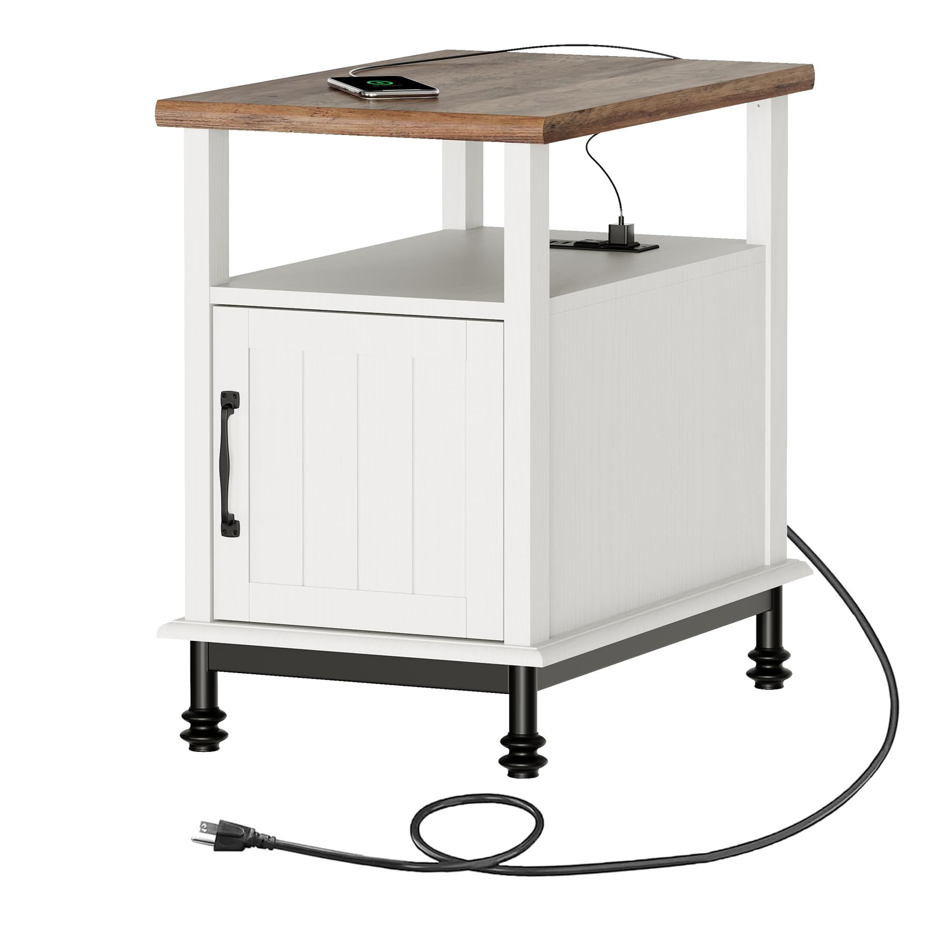 WAMPAT Narrow End Table with Charging Station - Farmhouse Style Side Table with Open Storage & Cabinet - Wooden Nightstand with Metal Legs for Living Room & Bedroom - White/Oak Finish - Perfect for Small Spaces, Apartments & Home Decor