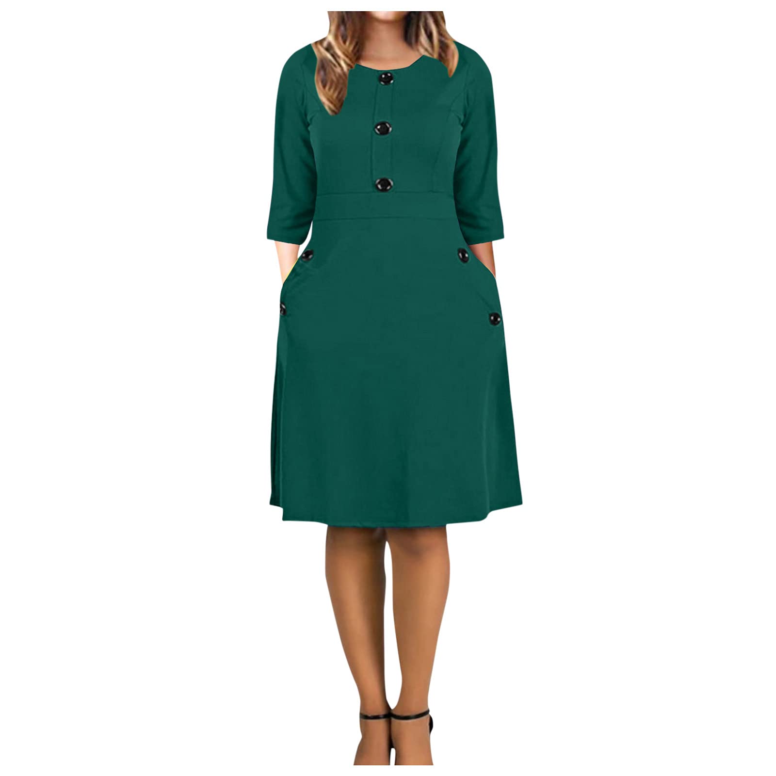 Women's Vintage Princess Swing Dress - O-Neck 3/4 Sleeve A-Line Mini Party Dress with Button Details | Perfect for Spring Weddings, Garden Parties & Date Nights