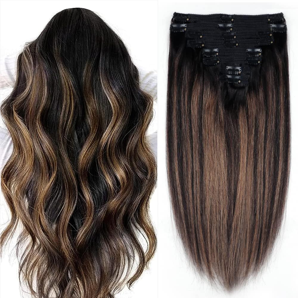 Premium 8-Piece Clip-In Hair Extensions for Women – 100% Brazilian Virgin Human Hair, Straight Remy Hair with 18 Clips & Double Lace Weft (120g, 24inch, #1B/6/1B) – Perfect for Daily Styling, Parties, Weddings & Special Occasions