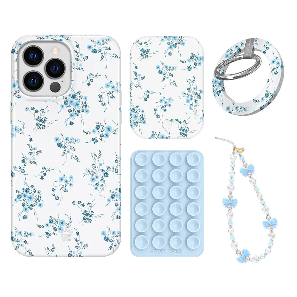 French Blue Floral iPhone Case with Grip - Elegant Protective Cover for iPhone 13/14/15 Pro Max - Perfect for Daily Use, Work & Travel