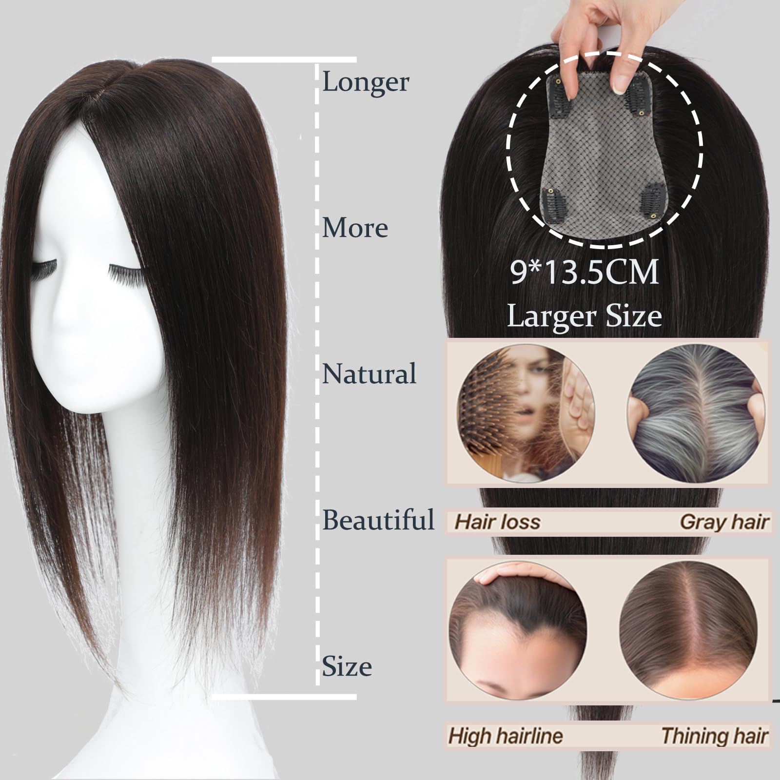 360° 3D Human Hair Toppers for Women - Real Human Hair Clip-In Bangs with Thinning Upgrade - Middle Part Hairpiece for Daily Use (Medium Dark Brown, 14 Inch) - Perfect for Thinning Hair Coverage & Natural-Looking Hairstyles