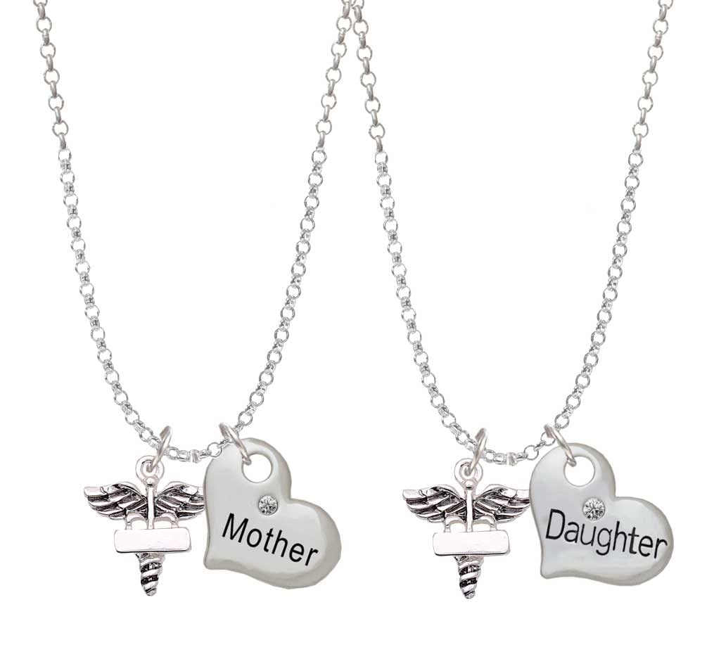 Delight Jewelry Silvertone Engraveable Caduceus Mother Daughter Heart Necklace Set (2-Piece) - 19+2 Inch Adjustable Chain - Perfect for Birthdays, Anniversaries & Special Bonding Moments