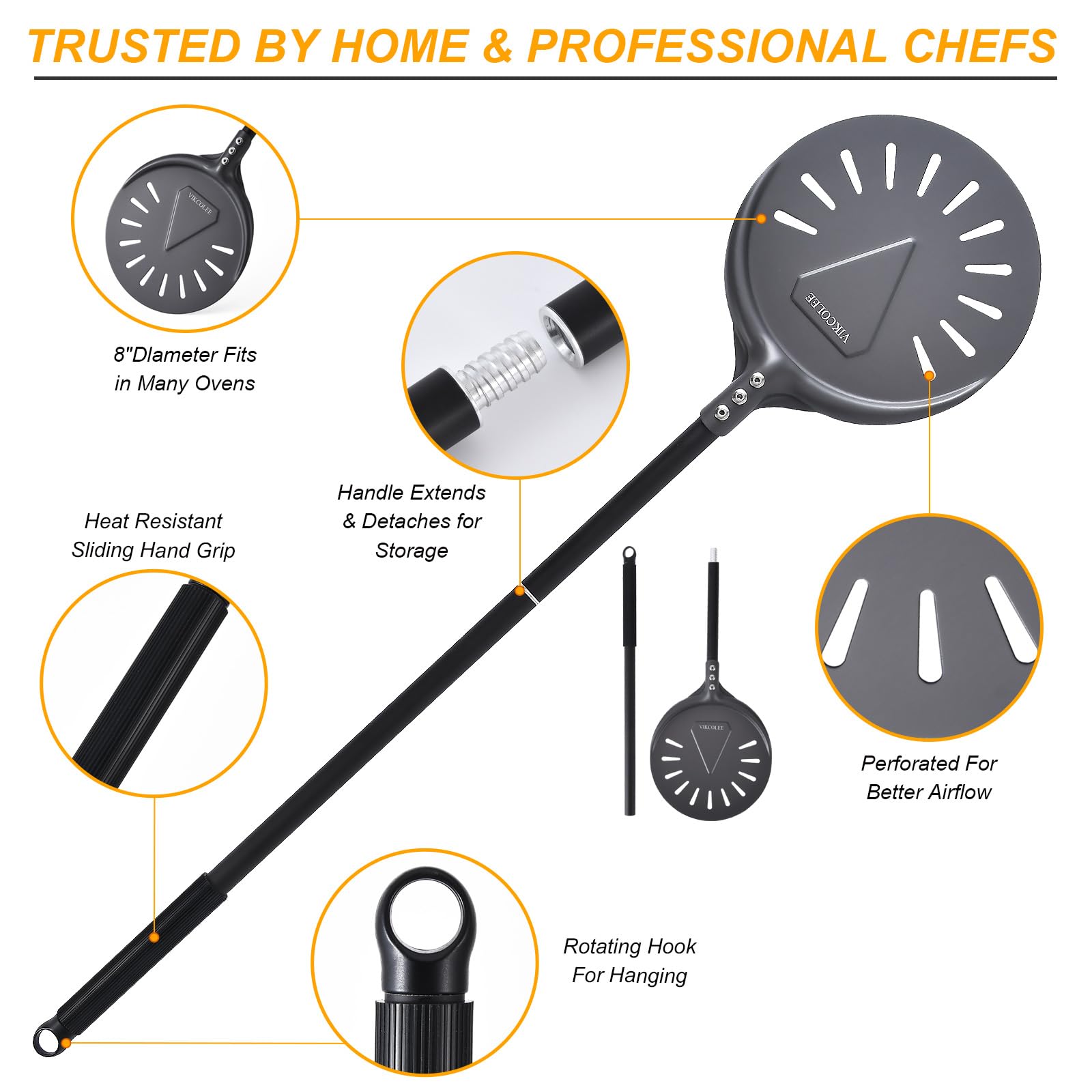 8 Inch Round Turning Pizza Peel with 25 Inch Handle - Professional Anodized Aluminum Pizza Spatula (33 Inch Overall) - Perfect for Home Kitchens, Pizzerias & Outdoor Pizza Ovens