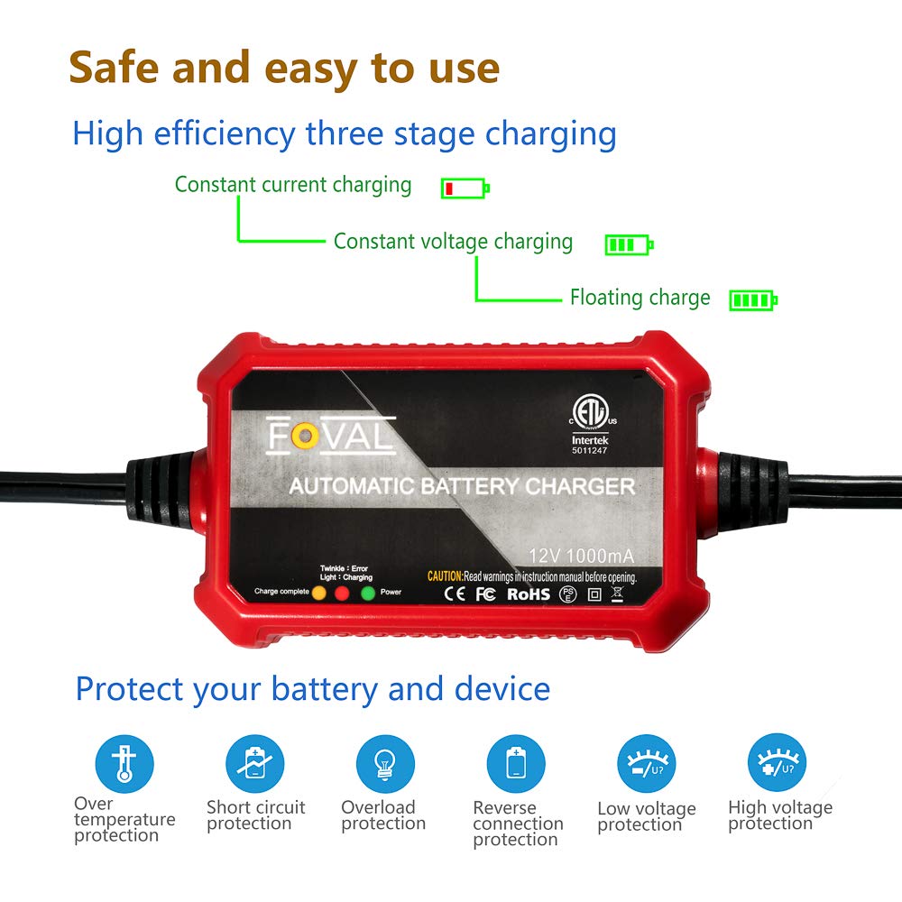 2-Pack FOVAL 12V 1000mA Smart Fully Automatic Trickle Battery Charger & Maintainer for Car, Motorcycle, Boat, ATV, Lawn Mower - Ideal for Long-Term Storage & Winter Battery Maintenance