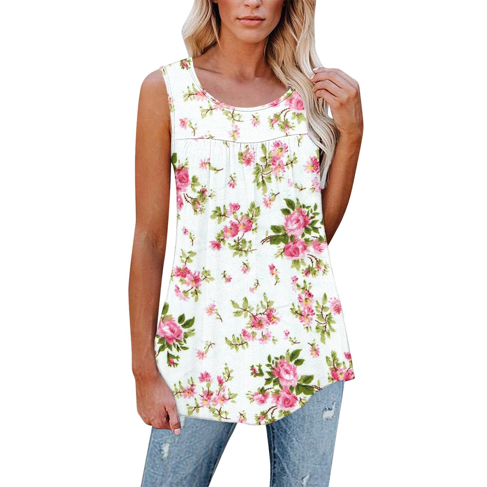 BISXOTY Women's Plus Size Blouses - Loose Pleated O-Neck Sleeveless T-Shirt, Comfortable Ruched Flower Print Workout Top, Halter Crop Tank for Casual Wear, Summer Outfits & Beach Vacation (White, Size S)