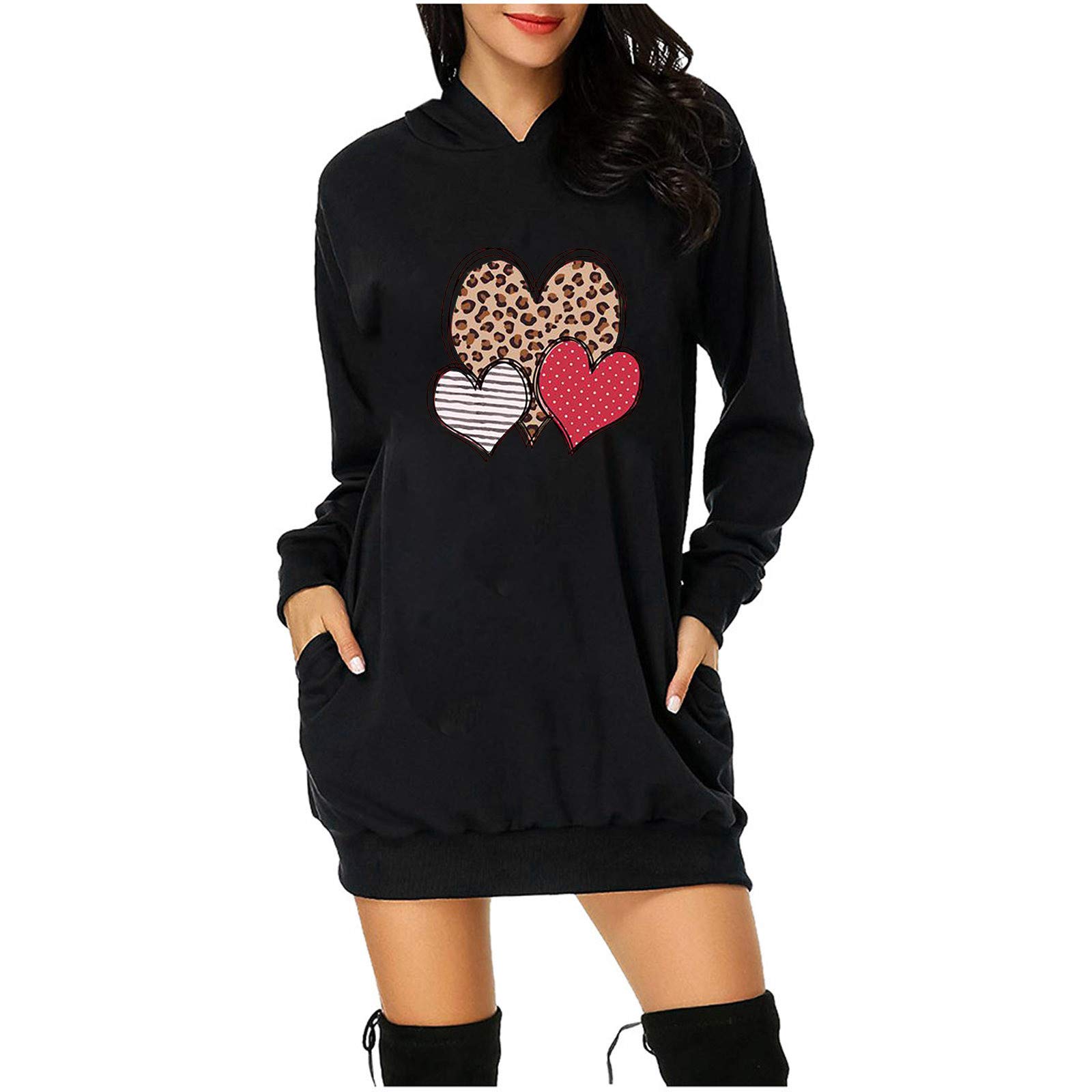 Women's Plus Size Long Sleeve Hoodie Pullover with Pockets - Valentine's Day Heart Print Sweatshirt - Cozy Casual Wear for Dates, Gifts & Winter Outfits