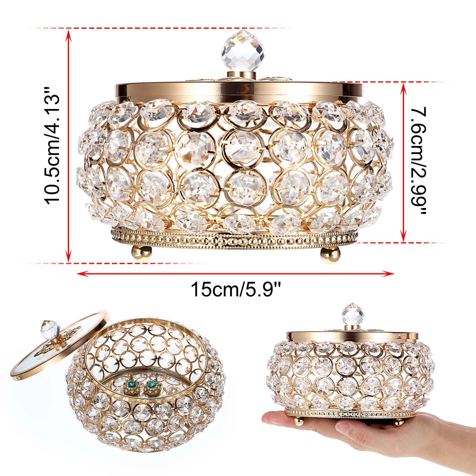 Hipiwe Large Gold Mirrored Jewelry Box with Glass Lid - Crystal Decorative Storage Box for Rings, Earrings, Necklaces - Perfect Gift for Women & Girls - Ideal for Vanity, Dresser, and Travel Organization
