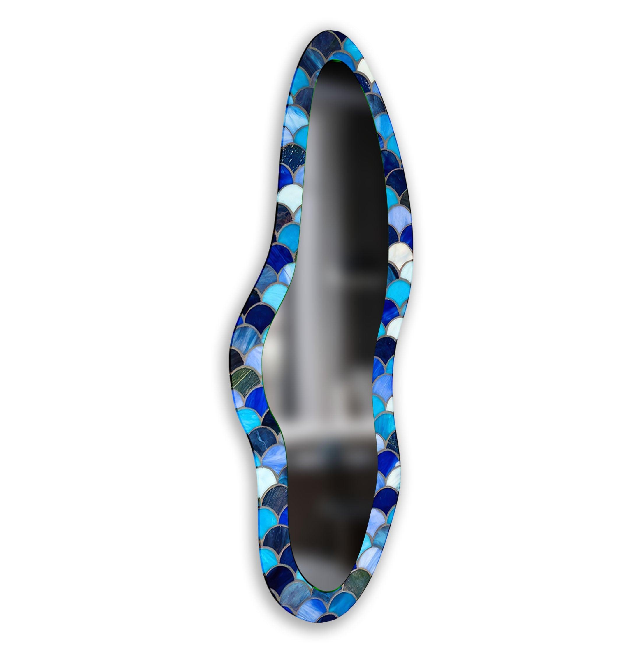 Handmade Blue Stained Irregular Long Glass Wall Mirror - Unique Boho Decor for Living Room, Bedroom & Entryway