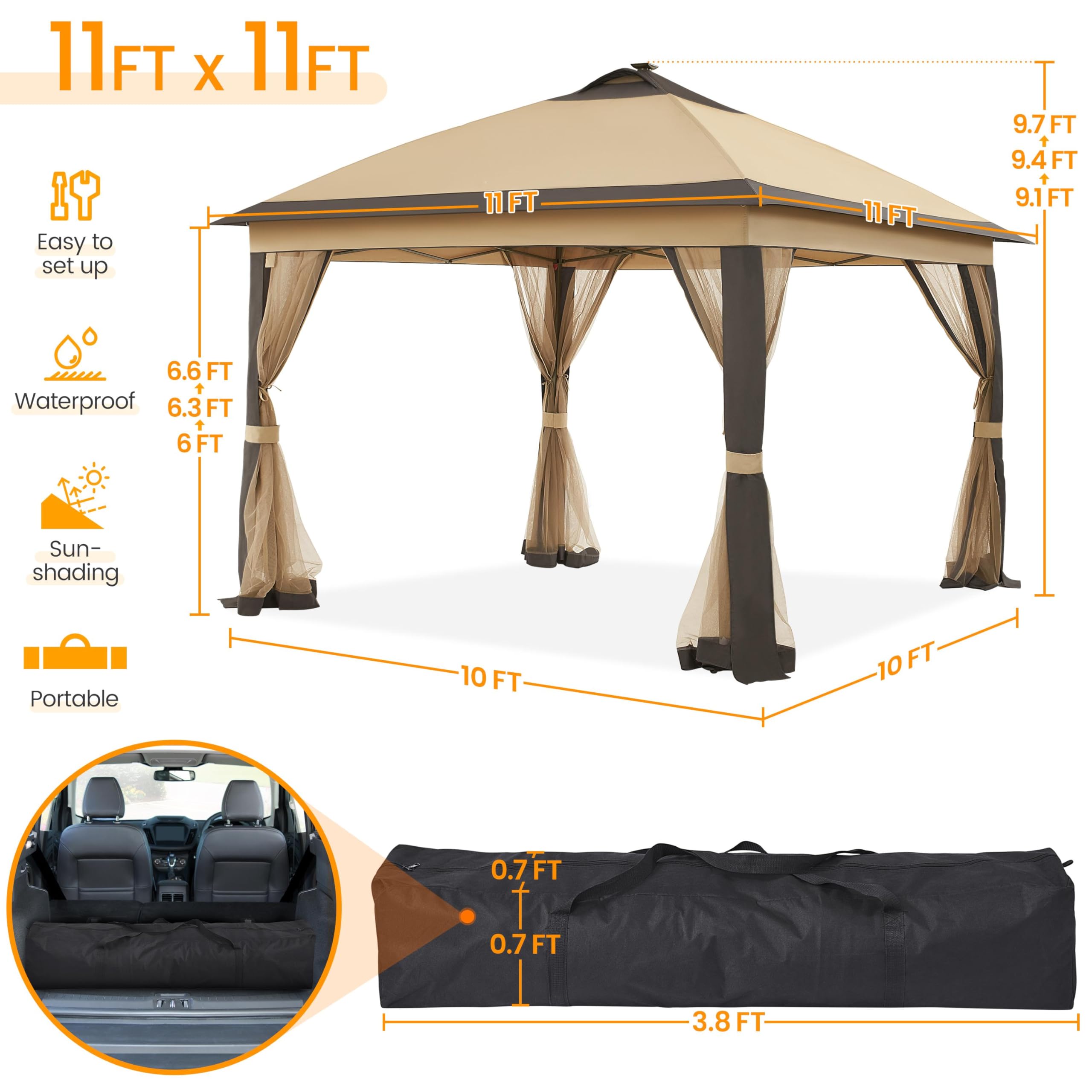Topeakmart 11x11Ft Outdoor Pop Up Gazebo Canopy with Mesh Netting & Solar LED Lights - Patio Garden Shade Shelter for Backyard, Camping, Picnics (Khaki & Brown)