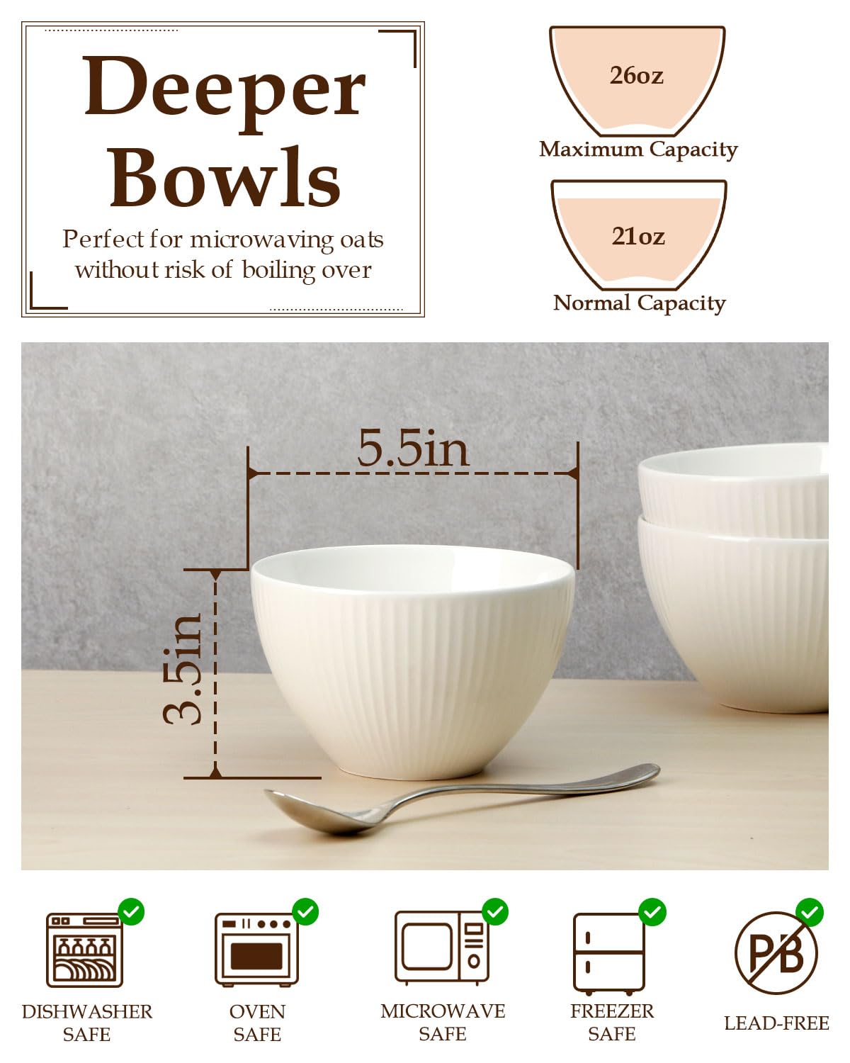Nutriups 6-Pack 25oz Ceramic Soup & Cereal Bowls - 5.5 Inch Deep Oatmeal, Chili & Salad Bowls - Oven & Microwave Safe White Dinnerware Set - Perfect for Breakfast, Family Meals & Entertaining