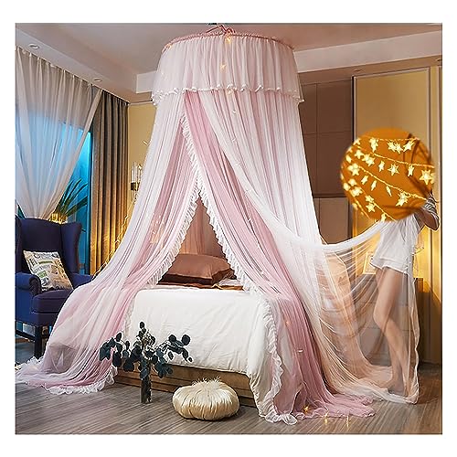 Elegant Pink Mosquito Net Bed Canopy with Built-in Lights - Double Layer Round Dome Princess Bed Netting for Bedroom Decor | Perfect for Girls' Rooms, Nursery Decor & Romantic Bedroom Settings