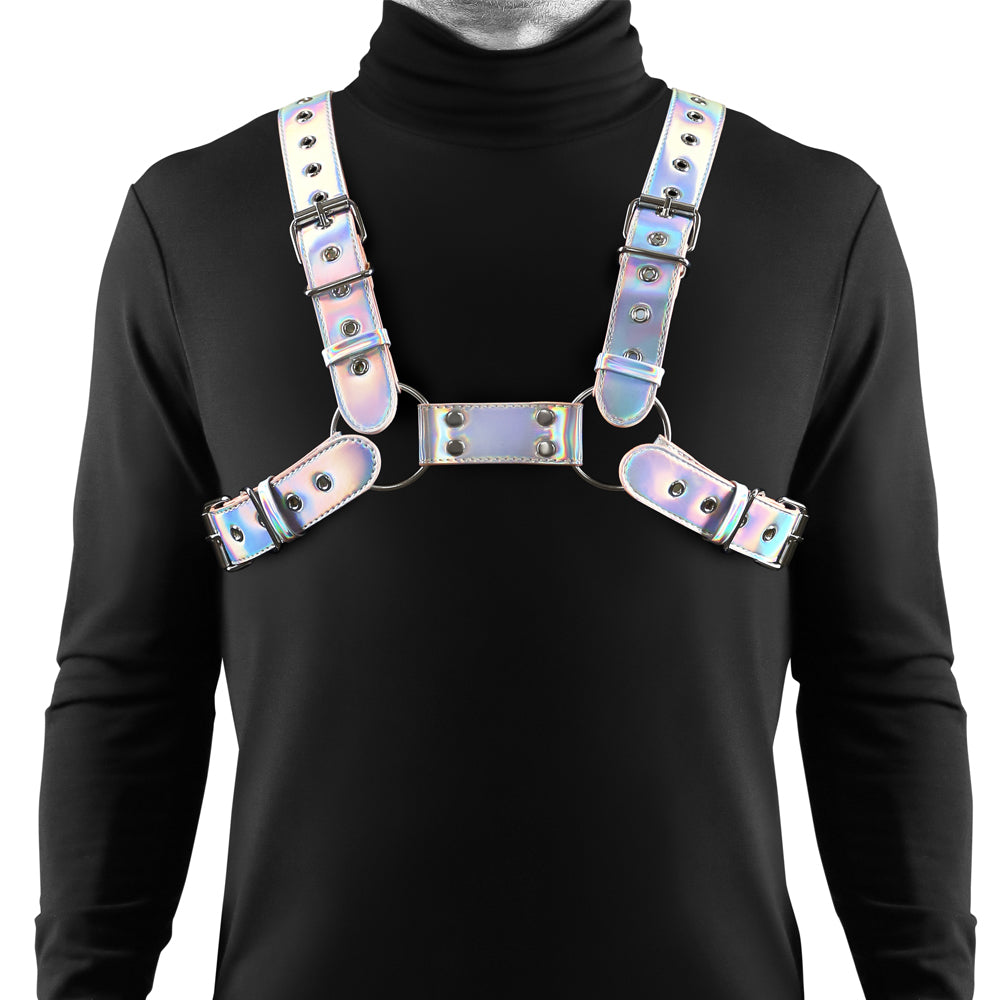 Cosmo Rogue Holographic Rainbow Bulldog Chest Harness - Adjustable Pet Harness for Small Dogs, Reflective Dog Vest for Night Walks & Outdoor Adventures