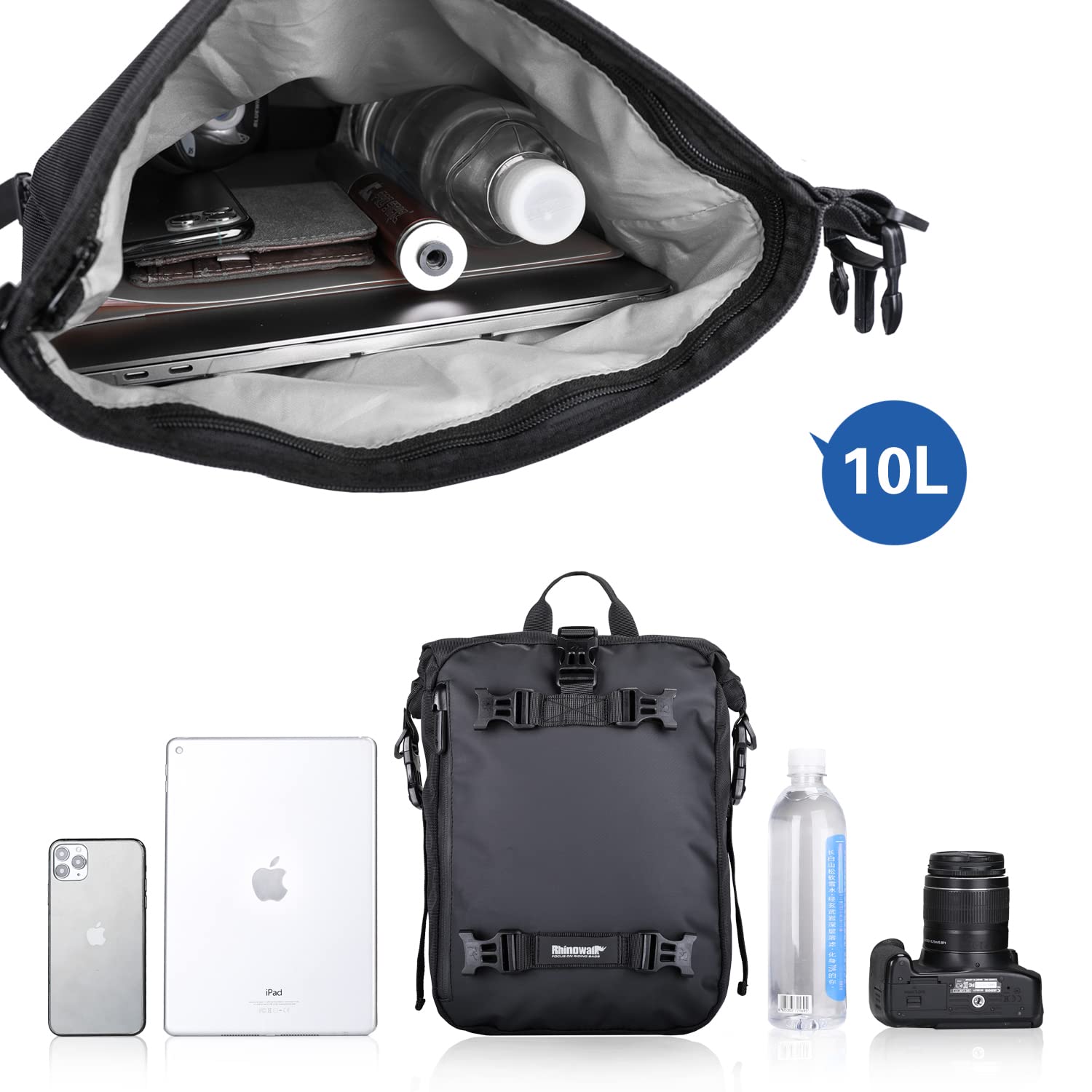 Rhinowalk 10L/20L/30L Waterproof Motorcycle Pannier Bag - Durable Rear Rack Trunk Seat Storage for Bikes - Perfect for Commuting, Touring & Adventure Rides (Black, 10L)