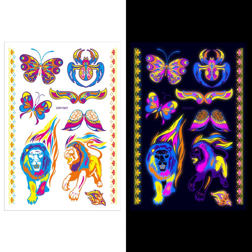 UV Glow Neon Temporary Tattoos - Lion, Tiger, Wolf & Armband Designs | Waterproof Fake Tattoo Stickers for Women, Men & Kids (21x15cm) | Perfect for Parties, Festivals & Body Art
