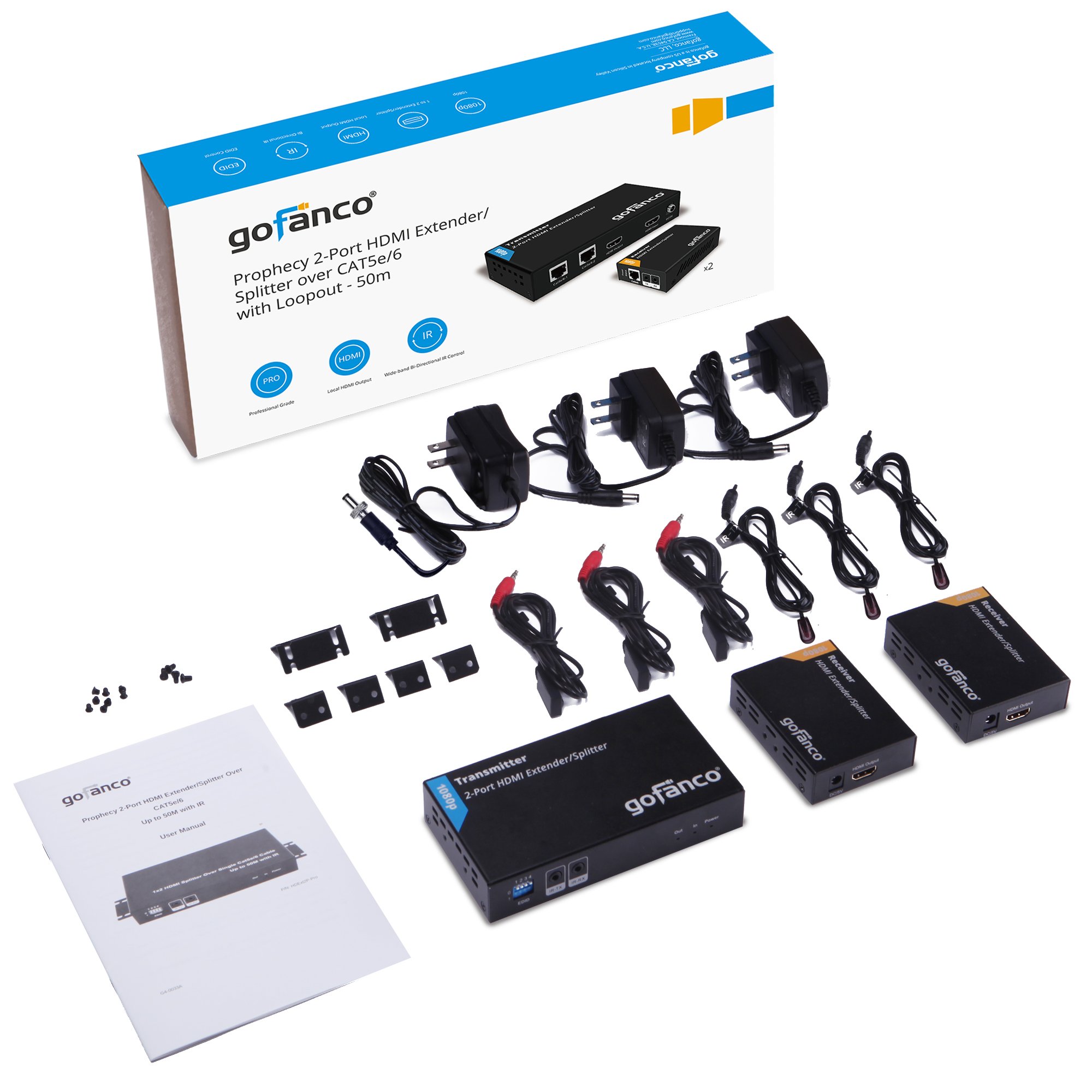 gofanco 1080p HDMI Extender Splitter 1x2 Over CAT5e/6/7 Ethernet Cable - 50m/165ft Range, Loopout, EDID Management, Bi-Directional IR - Perfect for Home Theater & Multi-Room AV Setup (HDExt2P-Pro)