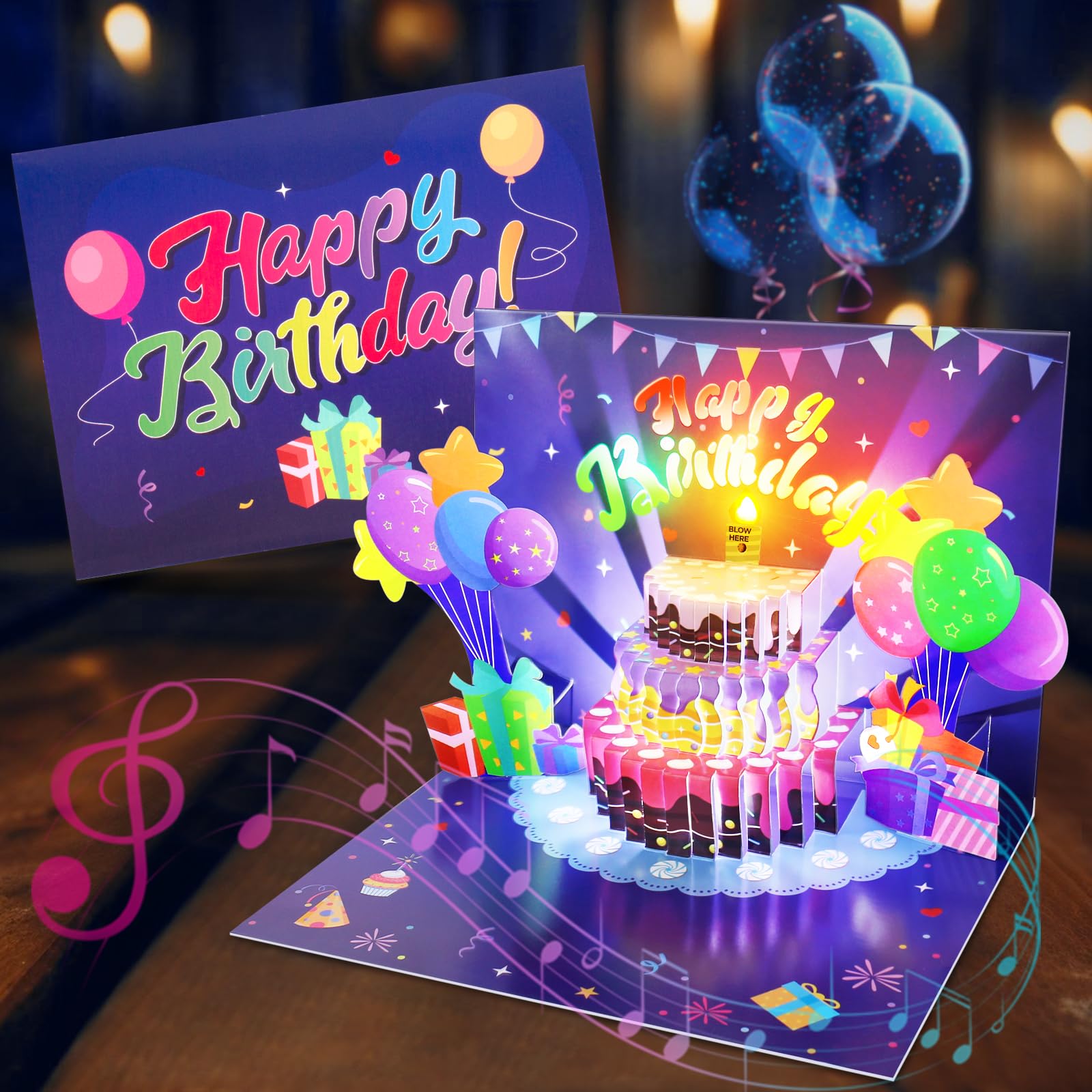 Musical Pop Up Birthday Cards with LED Light Candle - Plays Happy Birthday Song - Unique Greeting Cards for Women, Men, Husband, Wife & Kids - Perfect for Birthday Parties, Anniversaries & Special Celebrations