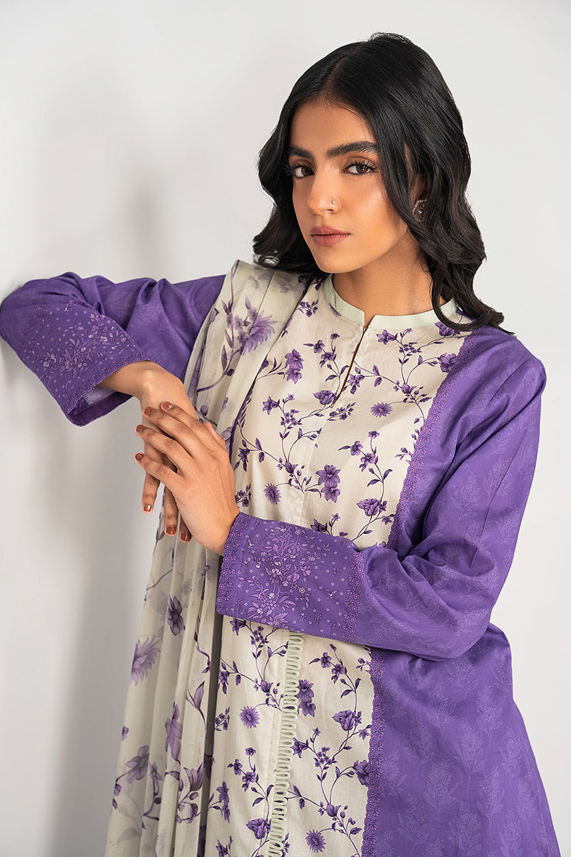 MAUVE HUE 3PC PRINTED LAWN SUIT SET - Women's Floral Printed Outfit with Shirt, Trouser & Dupatta - Perfect for Casual Wear, Parties & Festive Occasions